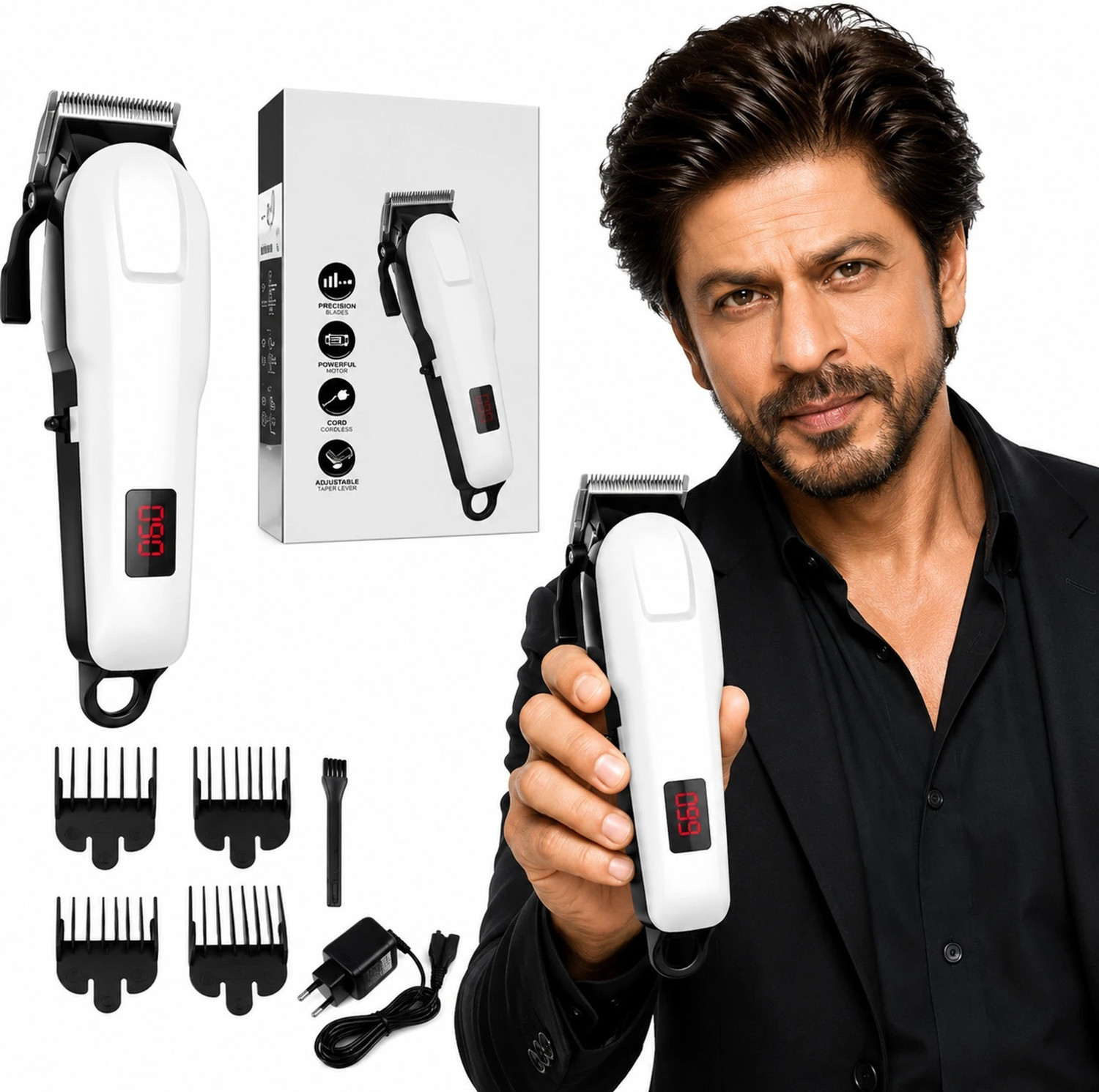 Image of CLINLINSO 809 Salon Series Professional Digital Display Cordless Hair Clipper Electric Fully Waterproof Trimmer 240 min Runtime 5 Length Settings (White, Black)