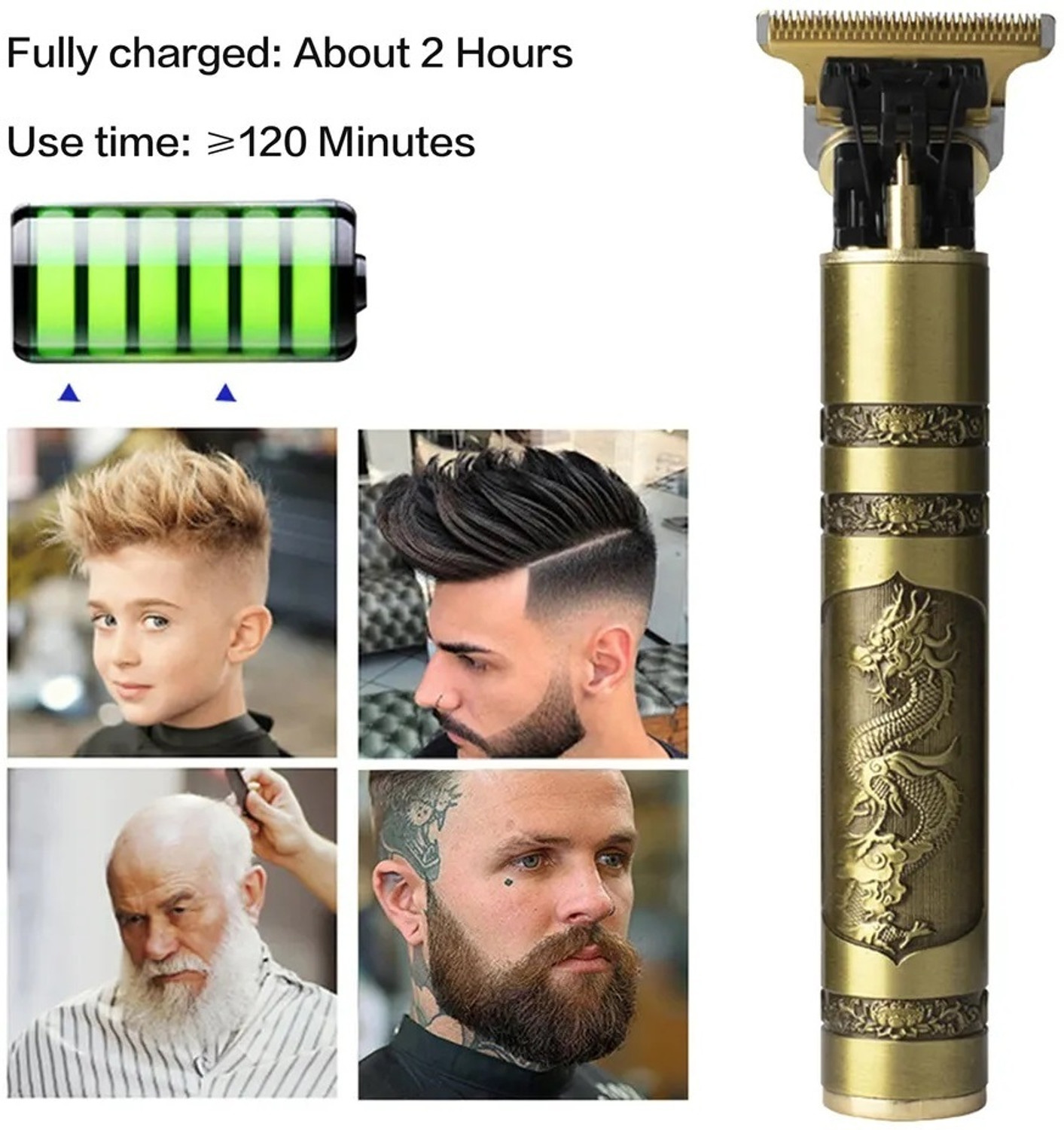 Image of GETTRADE T9 Vintage USB Rechargeable Cordless Electric Beard Trimmer Hair Clippers G79 Trimmer 120 min Runtime 4 Length Settings (Gold)