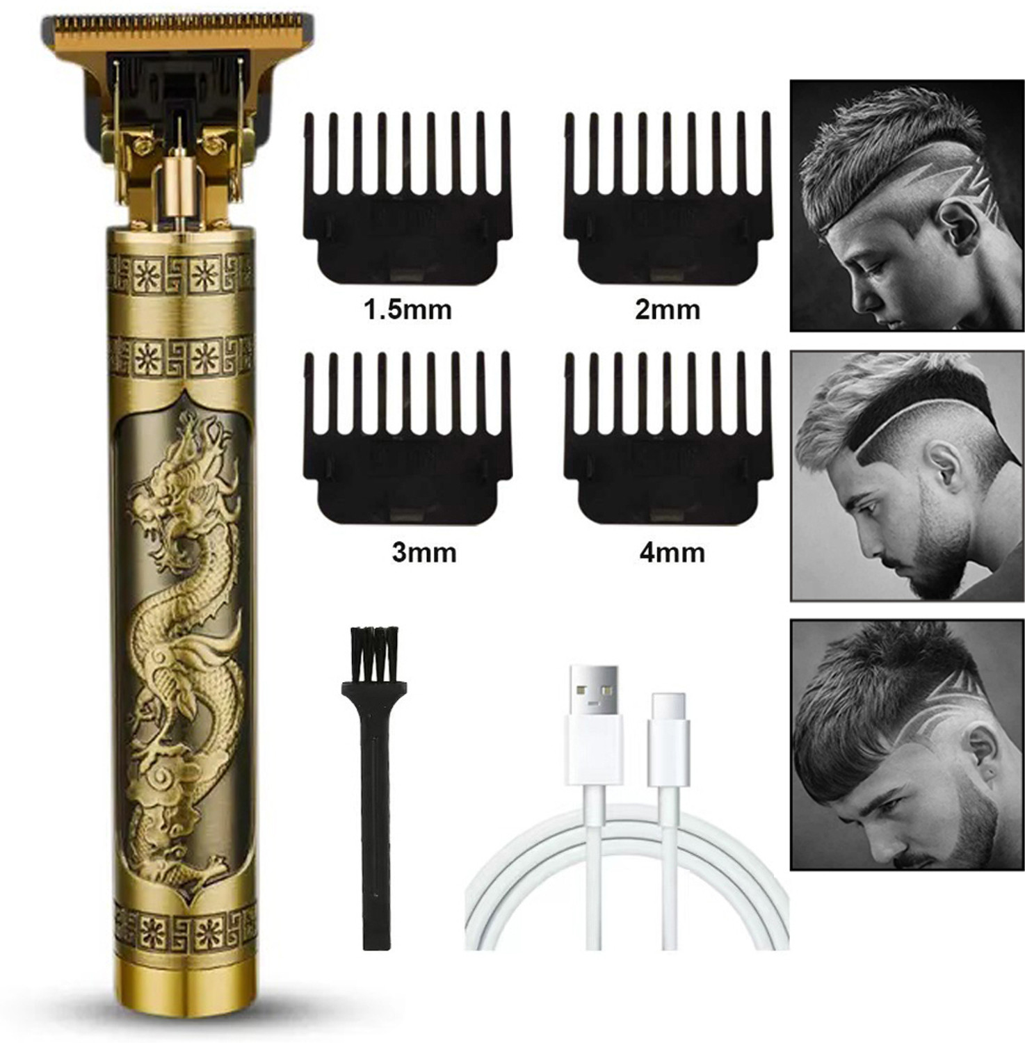 Image of GETTRADE T9 Vintage USB Rechargeable Cordless Electric Beard Trimmer Hair Clippers G79 Trimmer 120 min Runtime 4 Length Settings (Gold)
