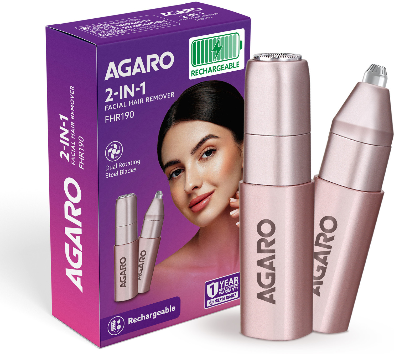 Image of AGARO Facial Hair Remover & Eyebrow Trimmer FHR190, Rose Gold, Rechargeable, Safe Trimmer 90 min Runtime 0 Length Settings