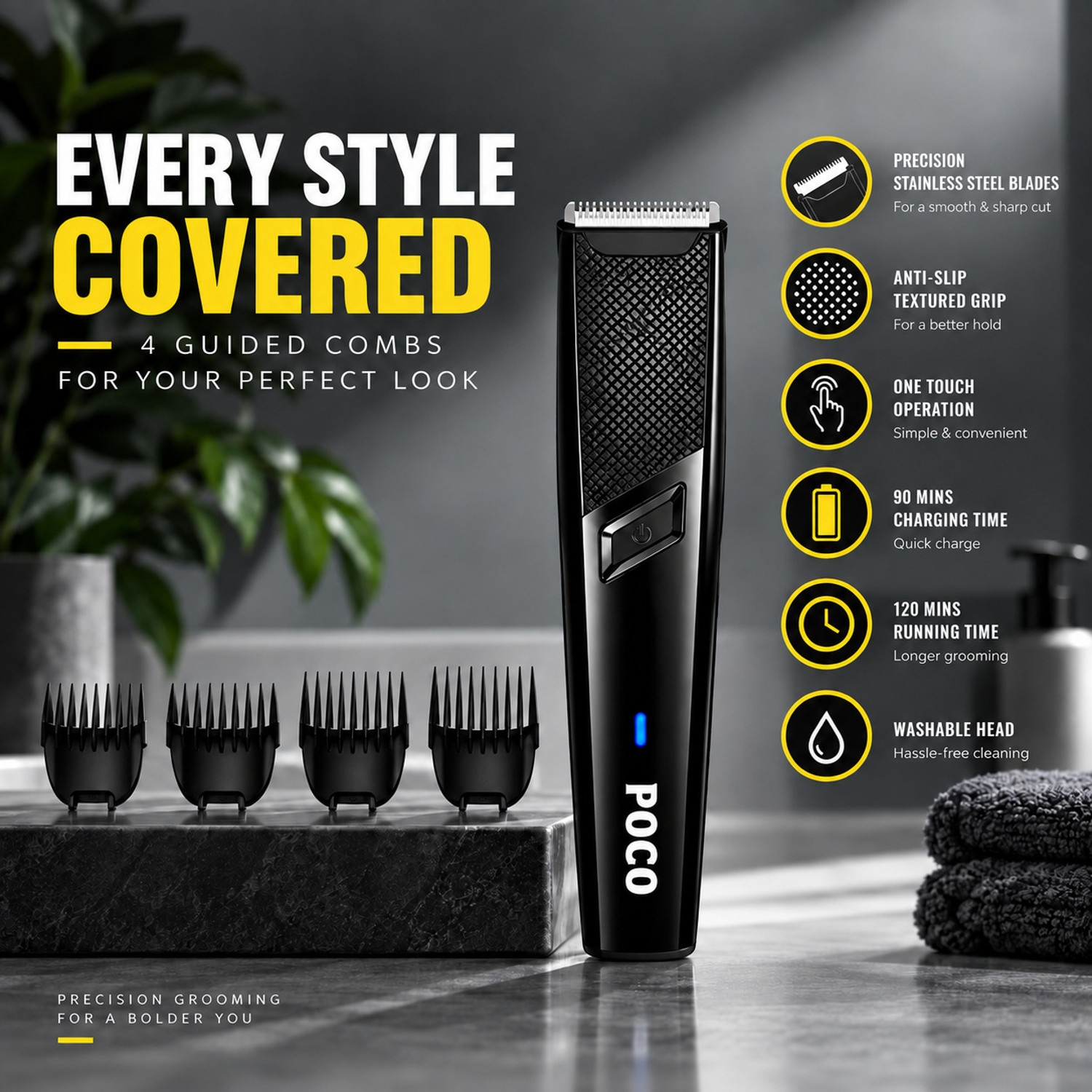 Image of P0C0 PC /31 Cordless Professional Hair Trimmer Stainless Steel Blade Waterproof Trimmer 120 min Runtime 4 Length Settings