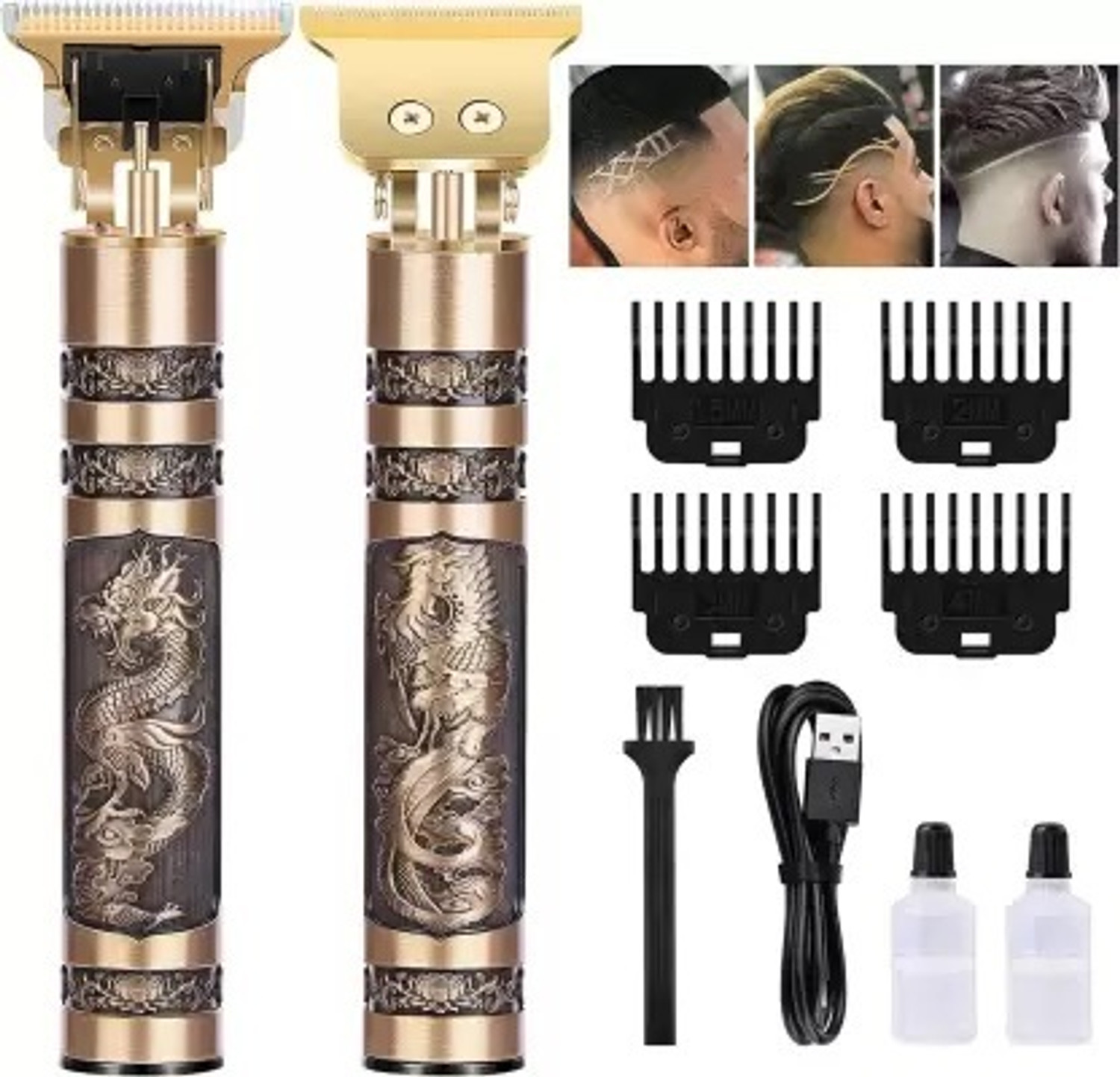 Image of GETTRADE T9 Vintage USB Rechargeable Cordless Electric Beard Trimmer Hair Clippers G79 Trimmer 120 min Runtime 4 Length Settings (Gold)