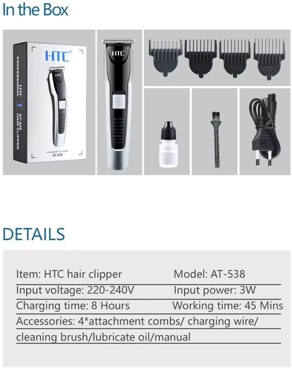 Image of HTC AT 538 Portable Smart Size Trimmer Waterproof Stainless Steel Blade Trimmer 90 min Runtime 4 Length Settings
