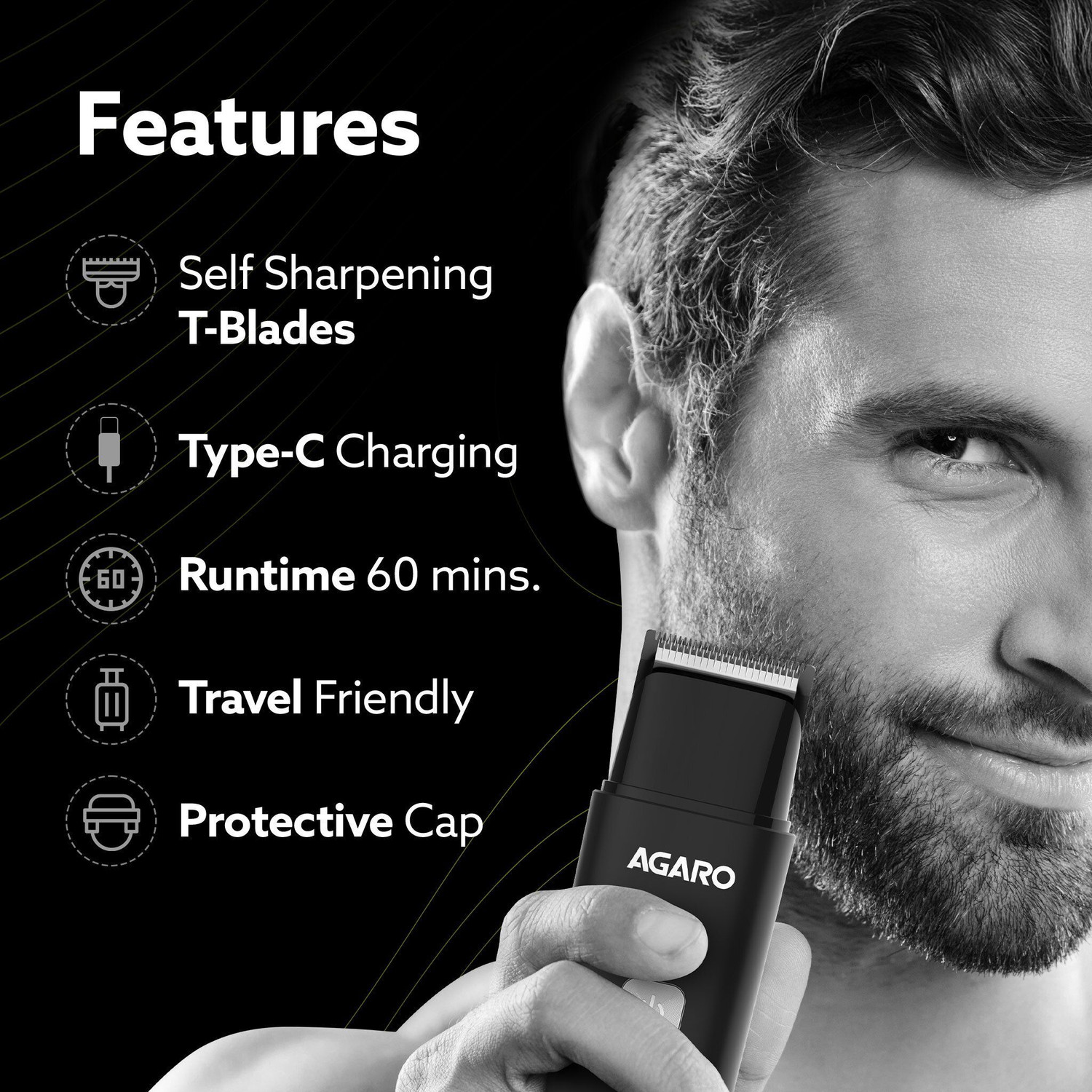 Image of AGARO Beard Trimmer MT7007, 60 mins run time with Type C, 2pcs limit comb Trimmer 60 min Runtime 2 Length Settings
