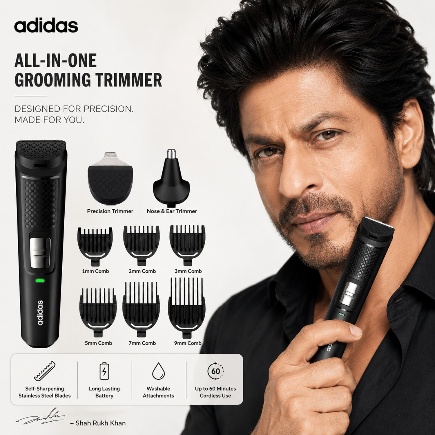 Image of adidas Beard Trimmer for Men Fully Waterproof Trimmer 120 min Runtime 9 Length Settings