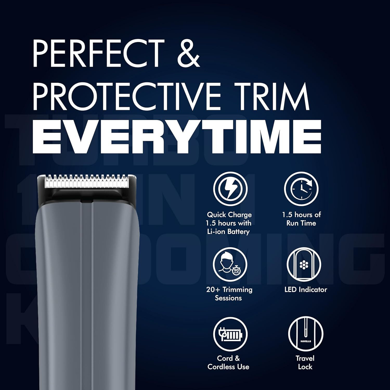 Image of HAVELLS GS6110 Fully Waterproof Grooming Kit 90 min Runtime 6 Length Settings