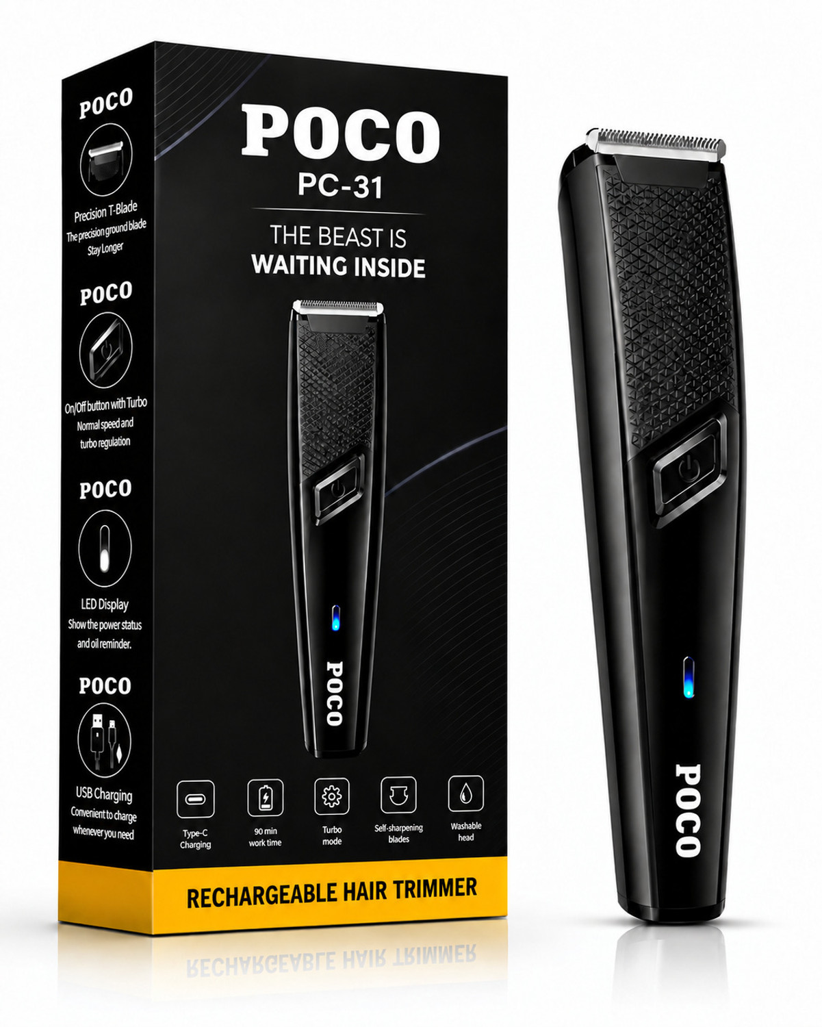 Image of P0C0 PC /31 Cordless Professional Hair Trimmer Stainless Steel Blade Waterproof Trimmer 120 min Runtime 4 Length Settings