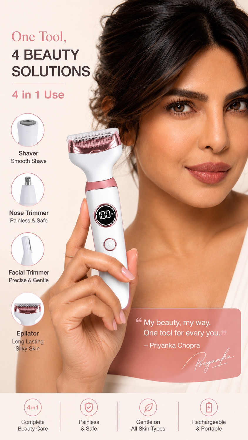Image of Misuhrobir 4-in-1 Rechargeable Women's Beauty Grooming Kit Fully Waterproof Trimmer 120 min Runtime 4 Length Settings (Multicolor)