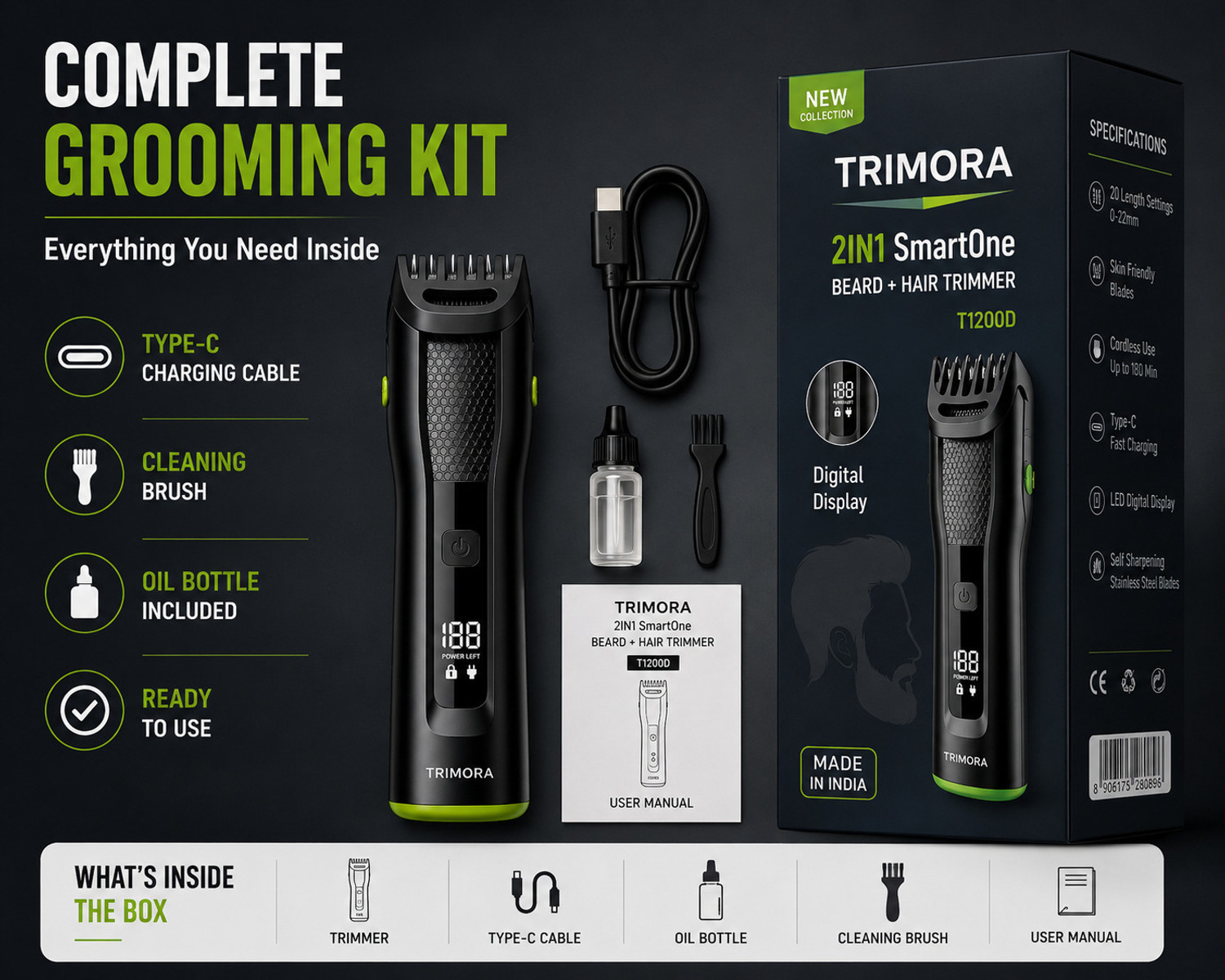 Image of TRIMORA 2IN1 SmartOne T1200D Fully Waterproof Trimmer 180 min Runtime 22 Length Settings