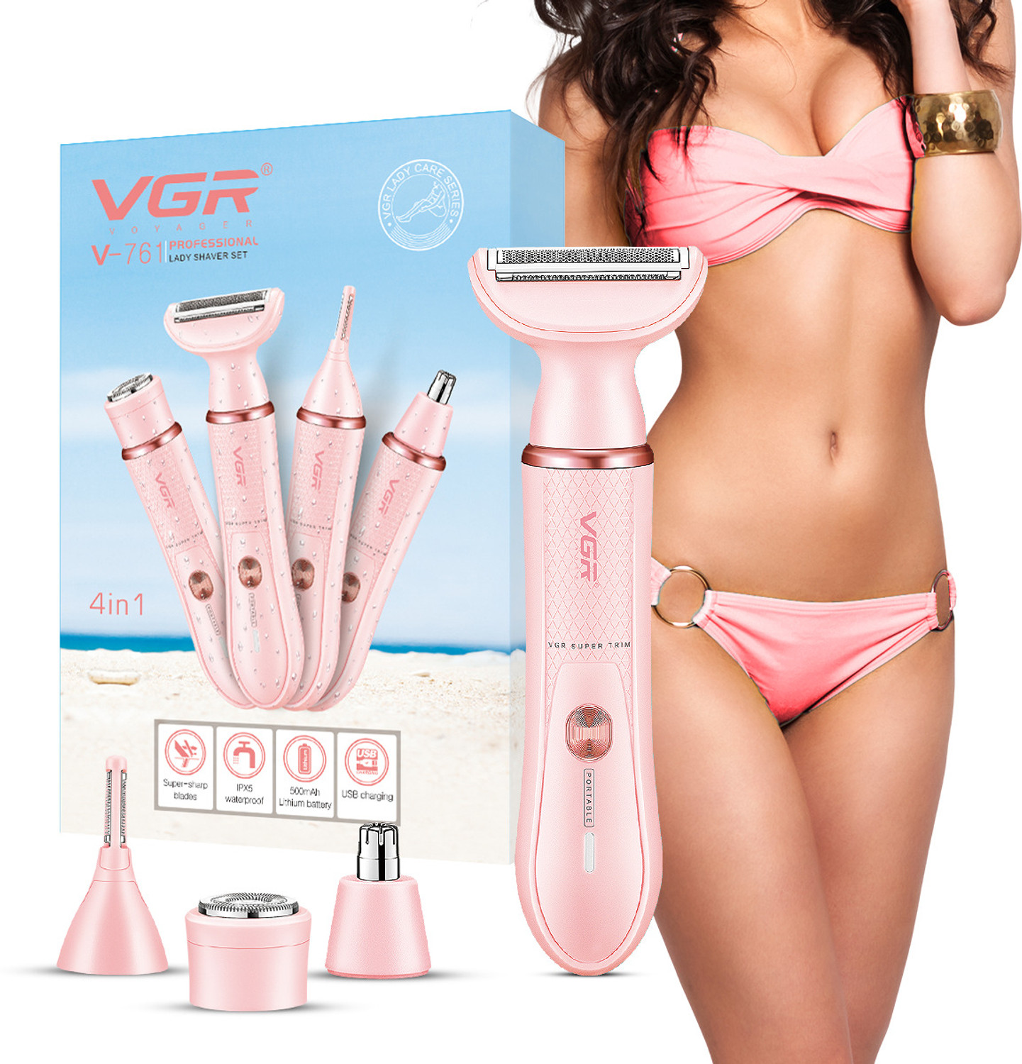 Image of VGR V-761 Female 4-in-1 Body Sensitive Bikini Fully Waterproof Trimmer 90 min Runtime 4 Length Settings