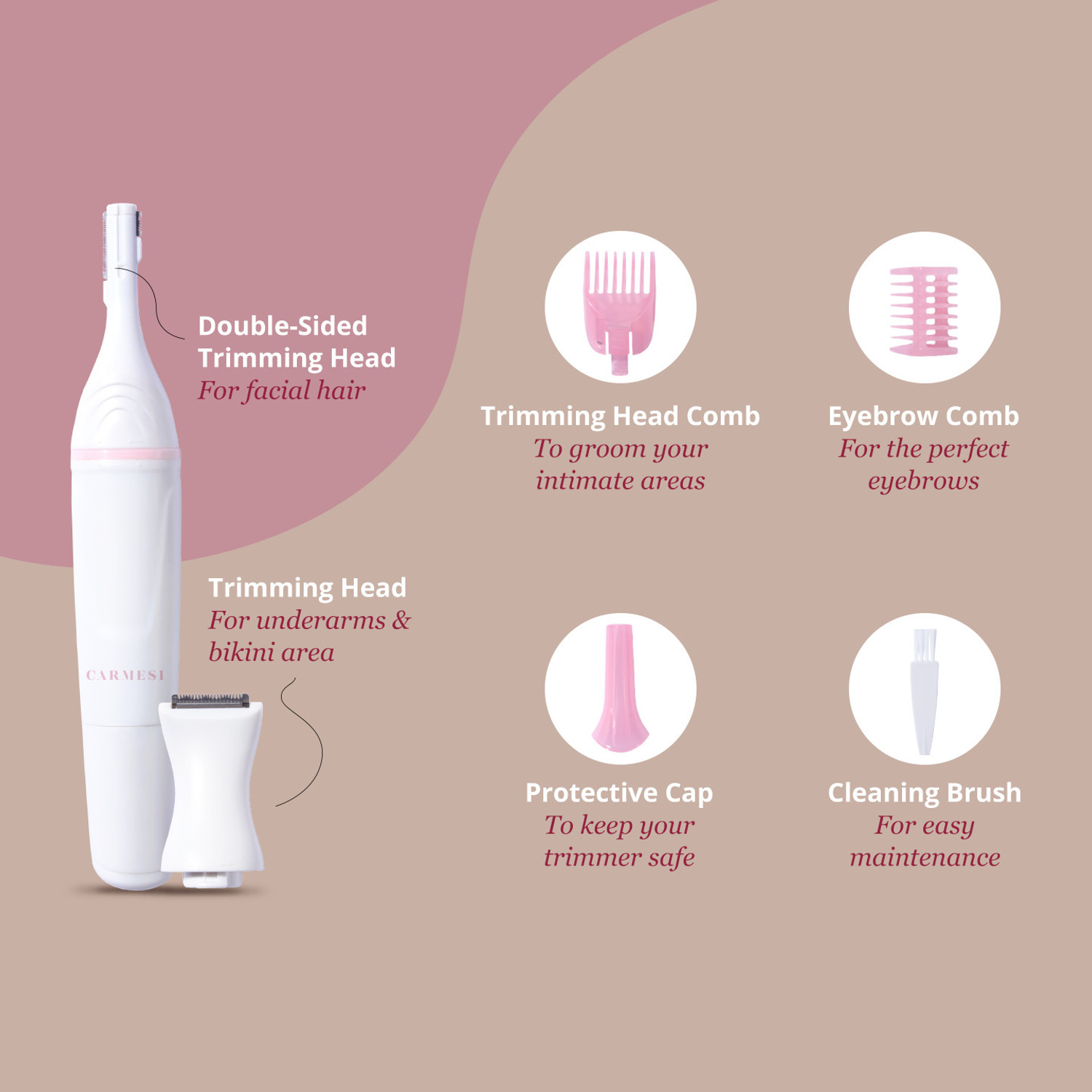 Image of Carmesi Multipurpose Electric Trimmer | Painless Grooming for Sensitive Areas Trimmer 60 min Runtime 2 Length Settings
