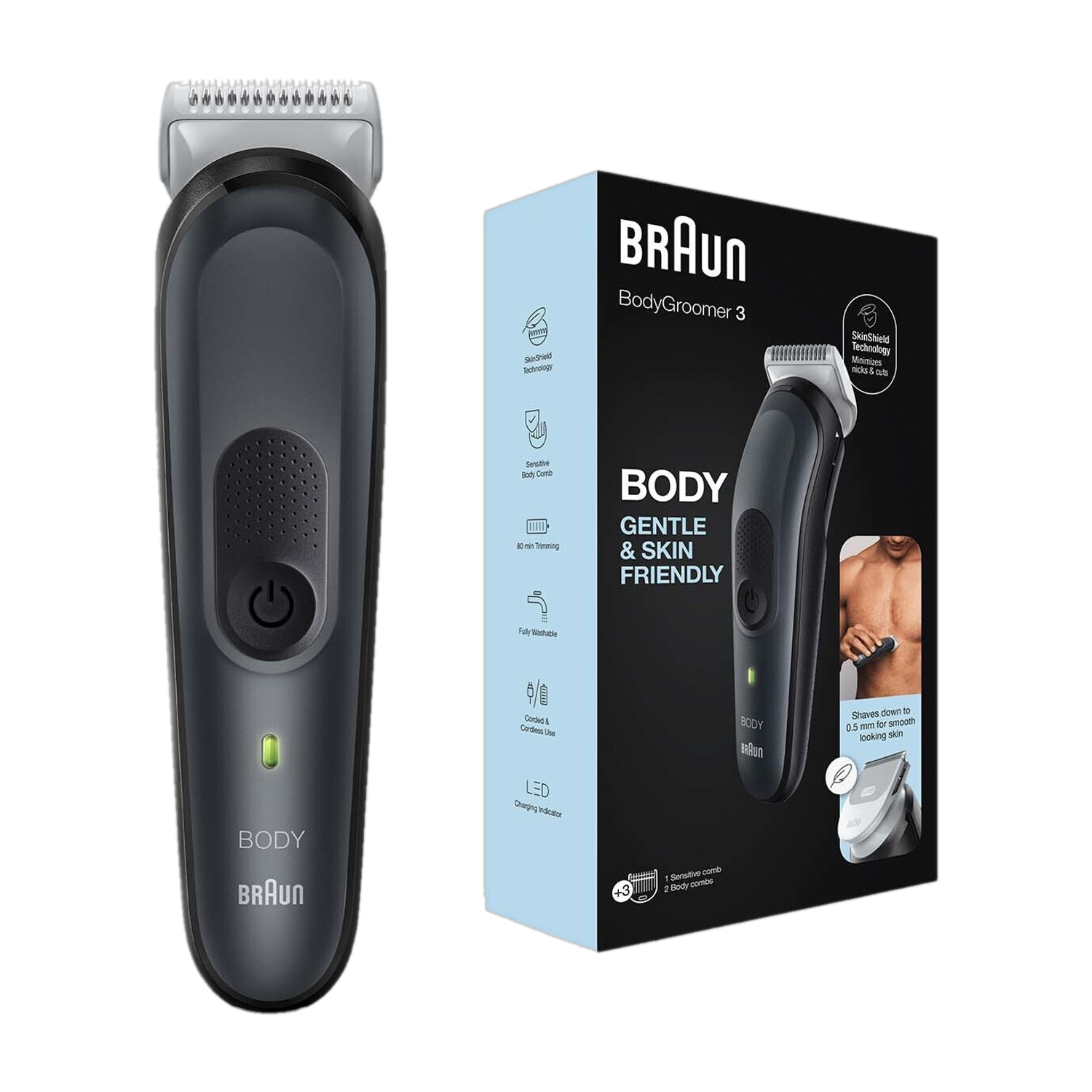 Braun Body Groomer 3 for Men, BG3340, Manscaping Tool, SkinShield Tech, Sensitive Comb Fully Waterproof Body Groomer 80 min  Runtime 3 Length Settings