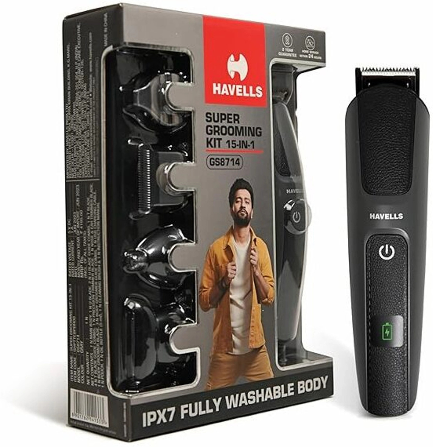 Image of HAVELLS Trimmer GS8714 15 IN 1 (Black) Fully Waterproof Grooming Kit Fully Waterproof Trimmer 90 min Runtime 10 Length Settings