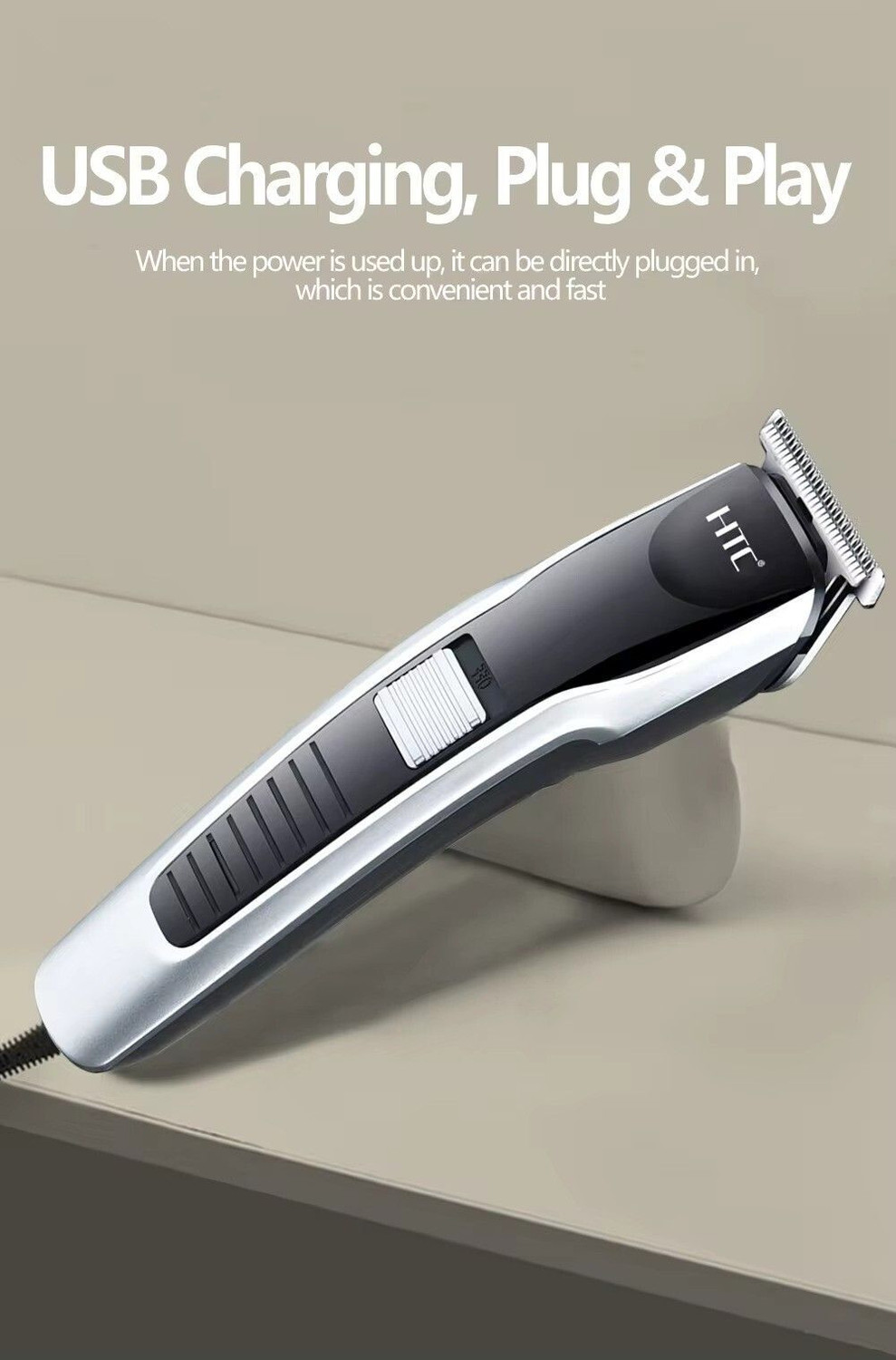 Image of HTC AT 538 Portable Smart Size Trimmer Waterproof Stainless Steel Blade Trimmer 90 min Runtime 4 Length Settings