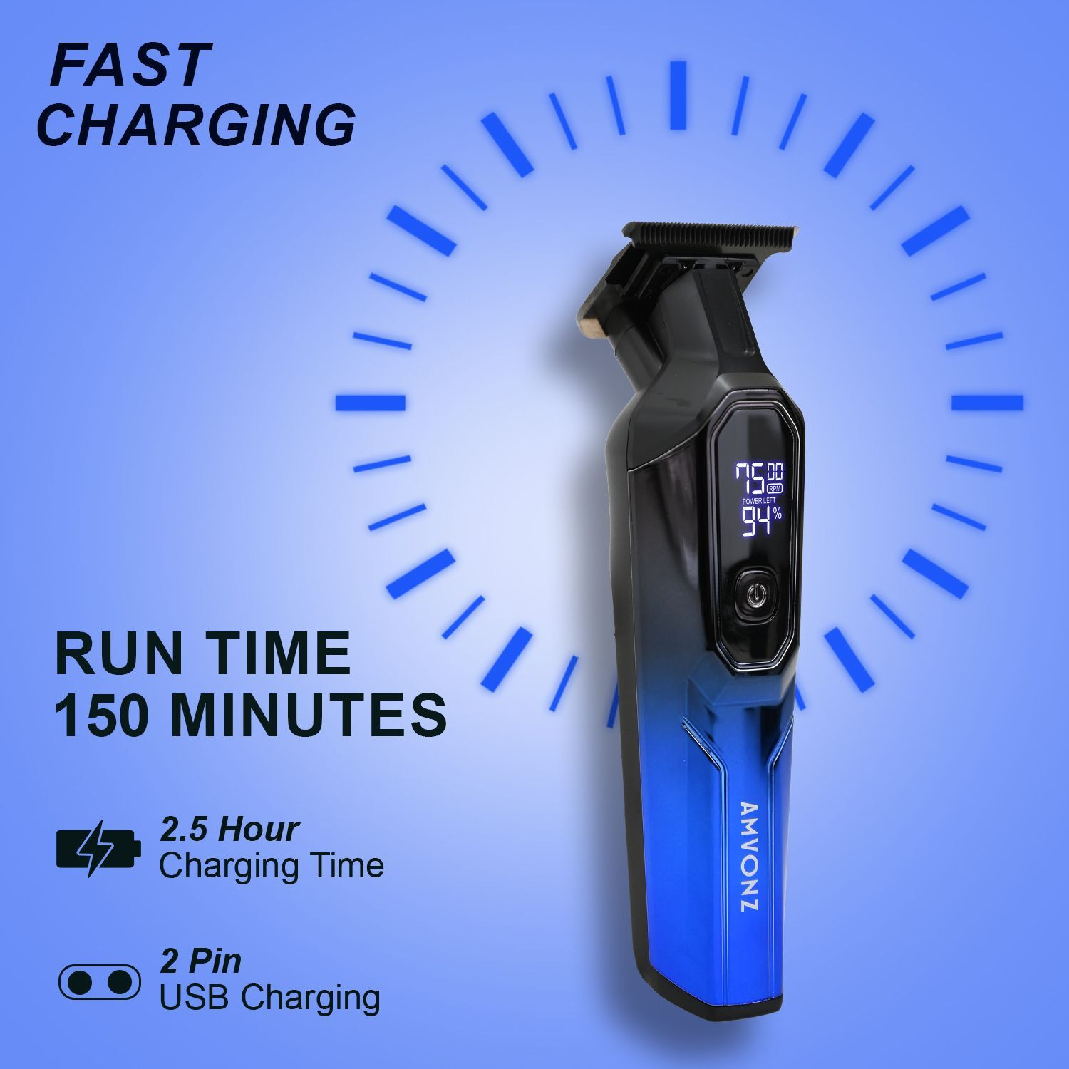 Image of AMVONZ A-101 Professional Hair Trimmer, LED Display, USB Charging Trimmer 150 min Runtime 4 Length Settings
