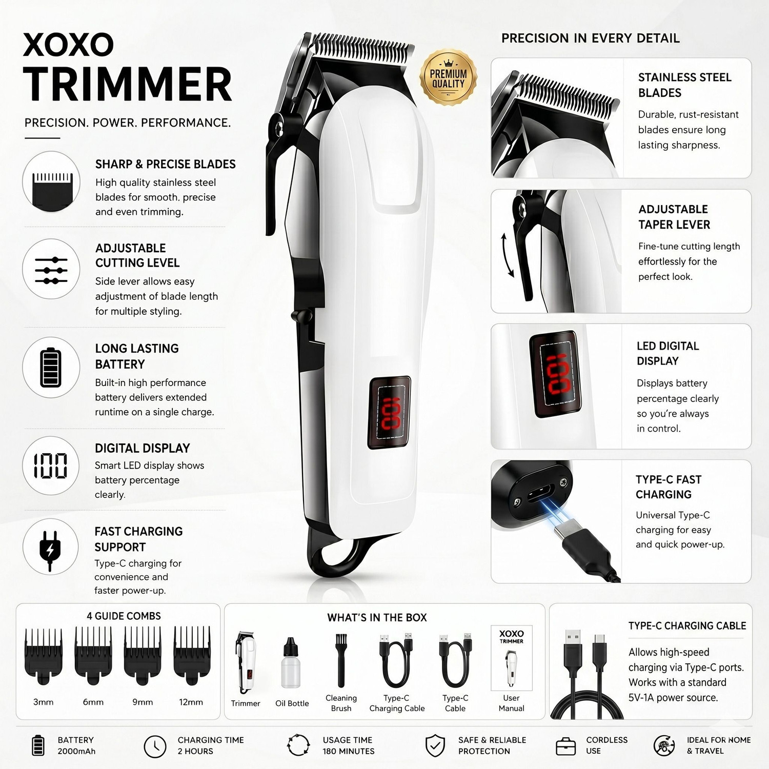 Image of EROOP PROFESSIONAL TRIMMER & Men Trimmer (White Fully Waterproof Trimmer) Trimmer 240 min Runtime 4 Length Settings (White)