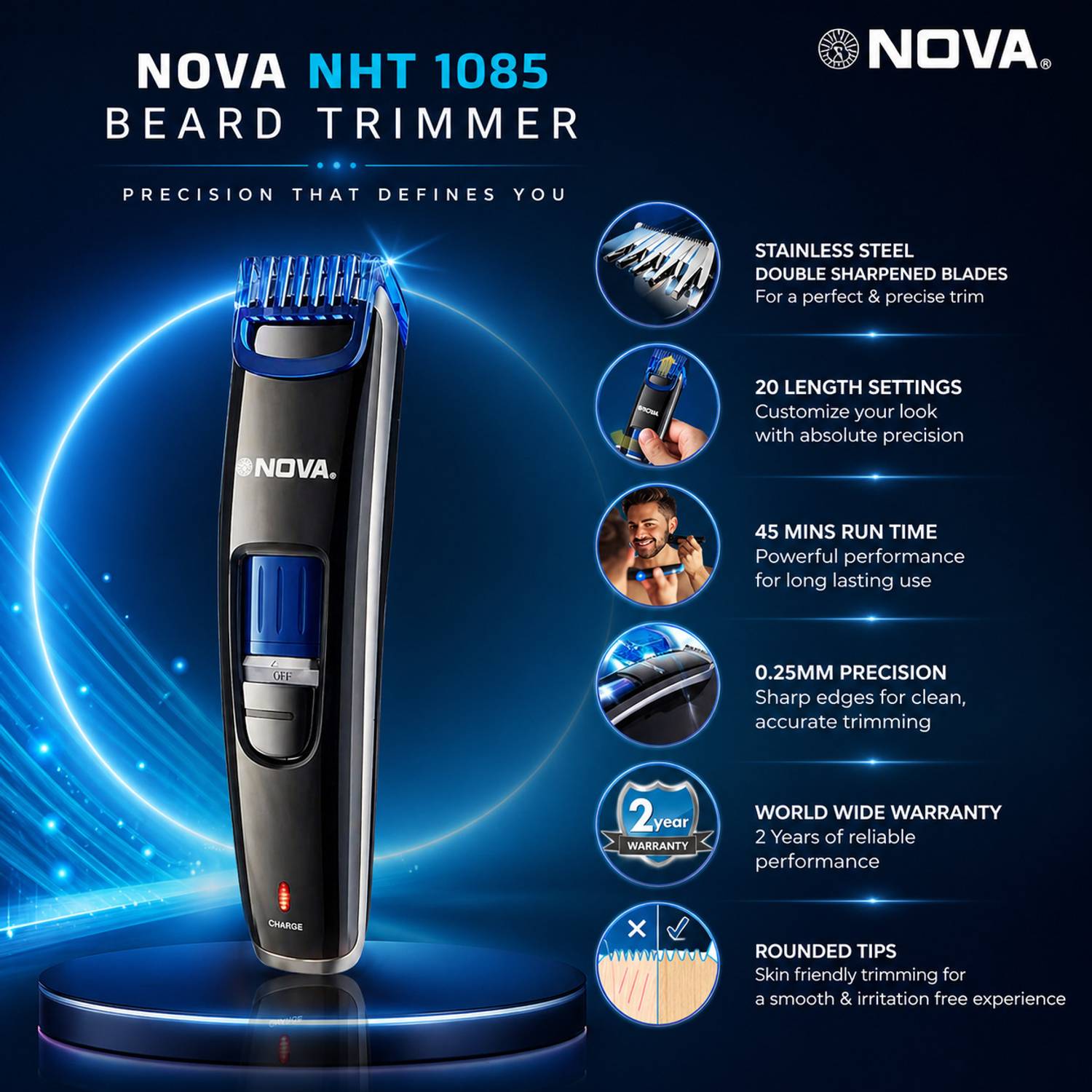 NOVA 1085 Trimmer 45 min Runtime 20 Length Settings (Black)