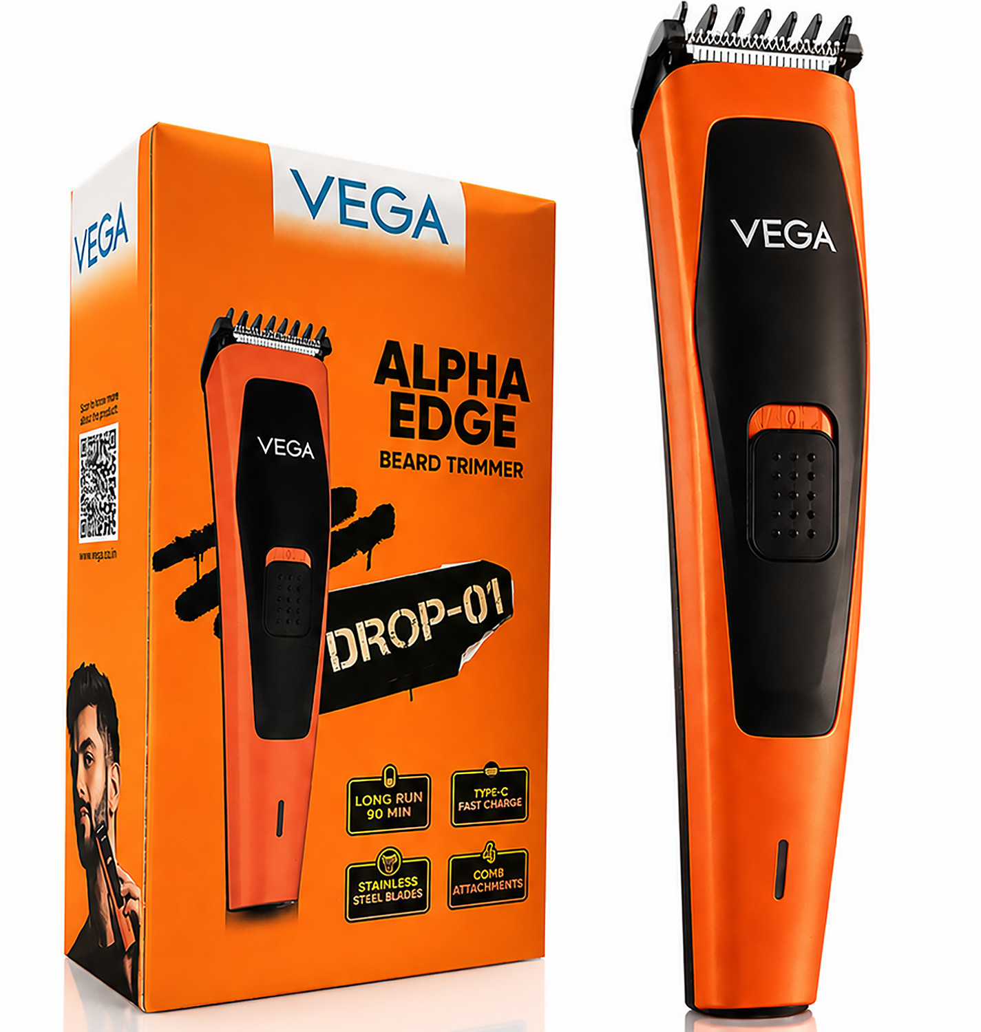 VEGA Alpha Edge Beard Groomer for Men with 4 Comb, USB C-Type Charger (VHTH-45) Trimmer 90 min  Runtime 4 Length Settings (Orange)