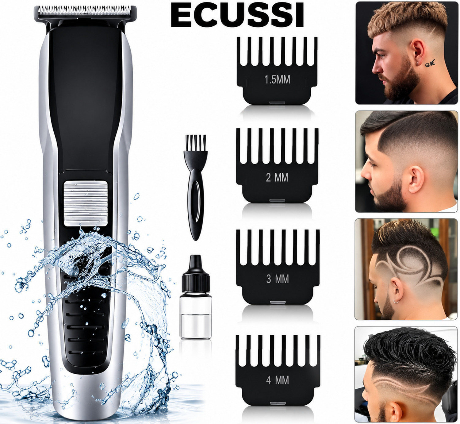 Image of ECUSSI Professional Hair & Beard Trimmer for Men with 4 Guide Combs Fully Waterproof Body Groomer 120 min Runtime 5 Length Settings (Black)