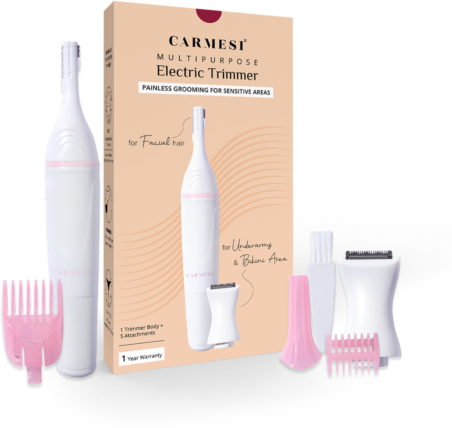 Image of Carmesi Multipurpose Electric Trimmer | Painless Grooming for Sensitive Areas Trimmer 60 min Runtime 2 Length Settings