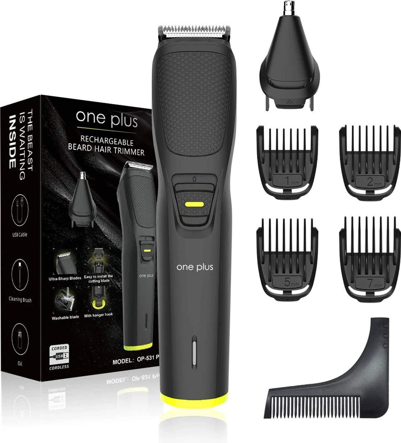 One Plus OP 531 Pro 5 in 1 Face, Body & Private Parts,DualCut Tehnology Grooming Kit Trimmer 120 min  Runtime 4 Length Settings