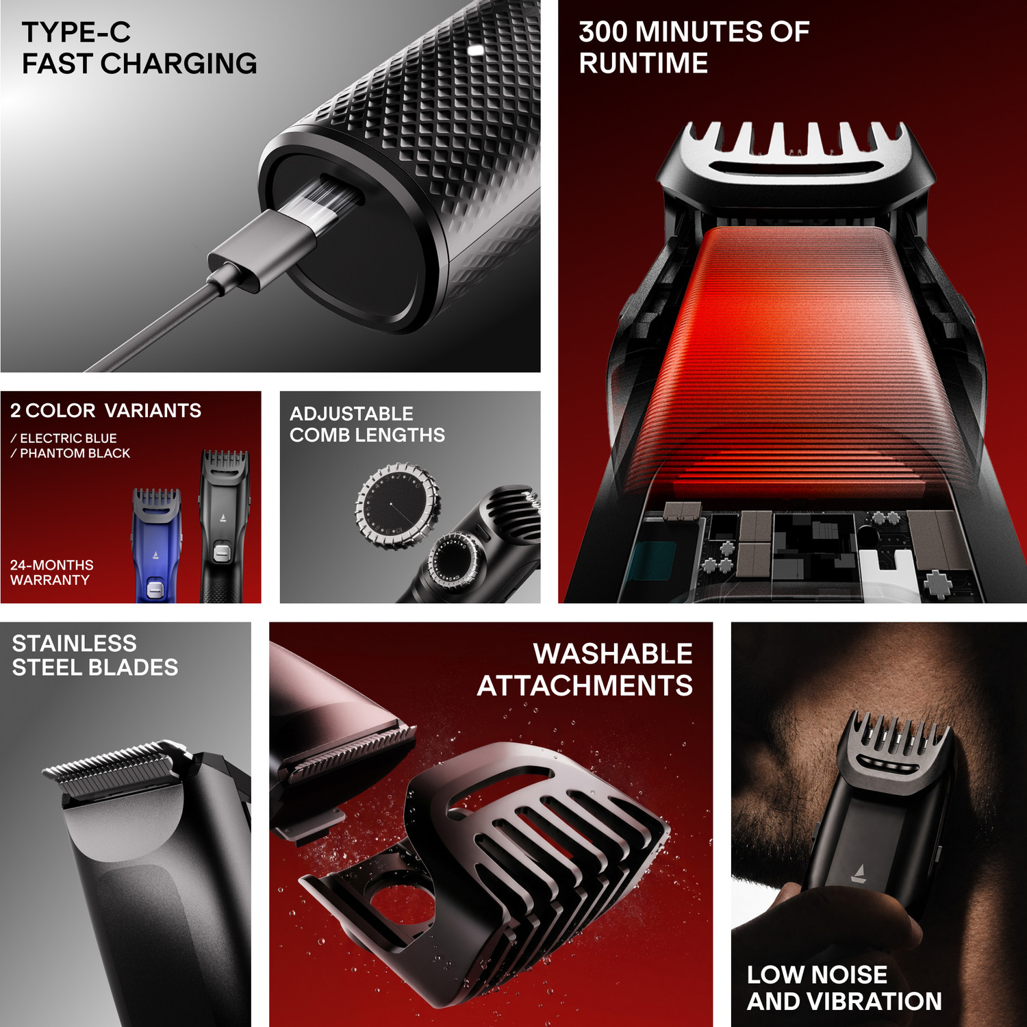 Image of boAt Slazer S100, Fast Charge, Metallic Finish, Adjustable Comb, Beard Fully Waterproof Trimmer 300 Mins Runtime 22 Length Settings