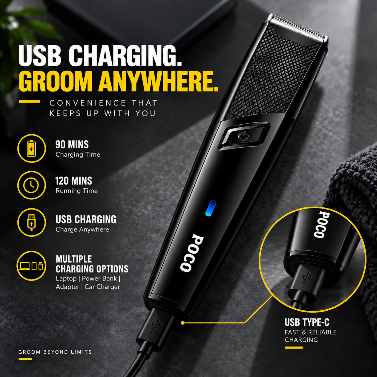 Image of P0C0 PC /31 Cordless Professional Hair Trimmer Stainless Steel Blade Waterproof Trimmer 120 min Runtime 4 Length Settings