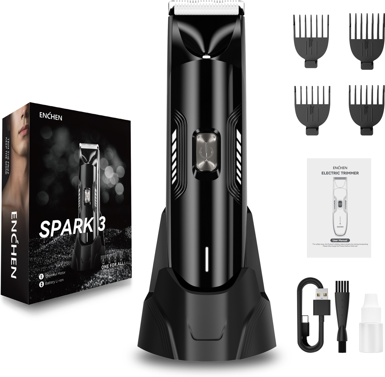Image of Enchen Spark 3 Trimmer Kit with 4 Guide Combs,Beard&Hair&Body,Type-C Charging Fully Waterproof Trimmer 120 min Runtime 4 Length Settings