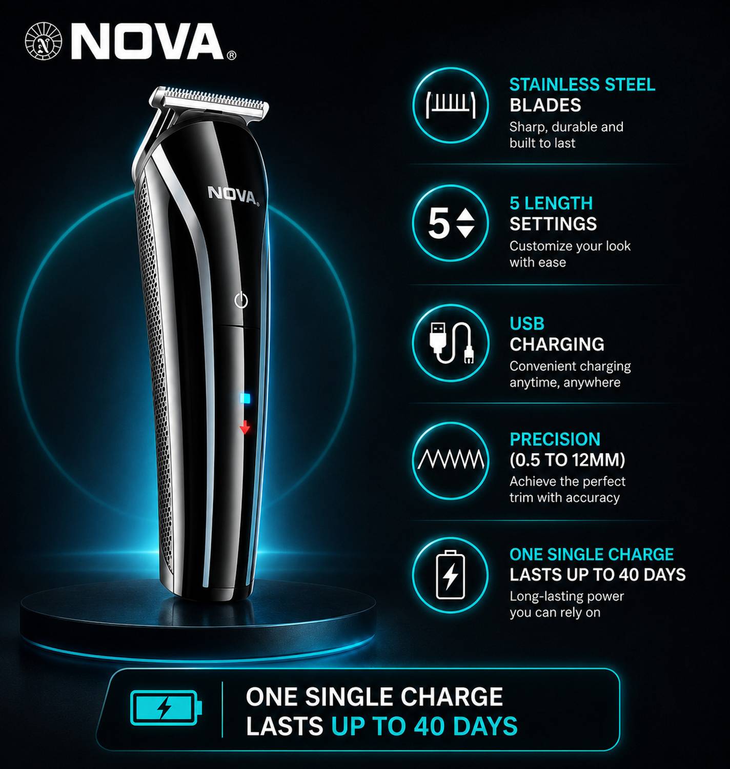NOVA 1073-00 USB Trimmer 60 min Black - Image 2