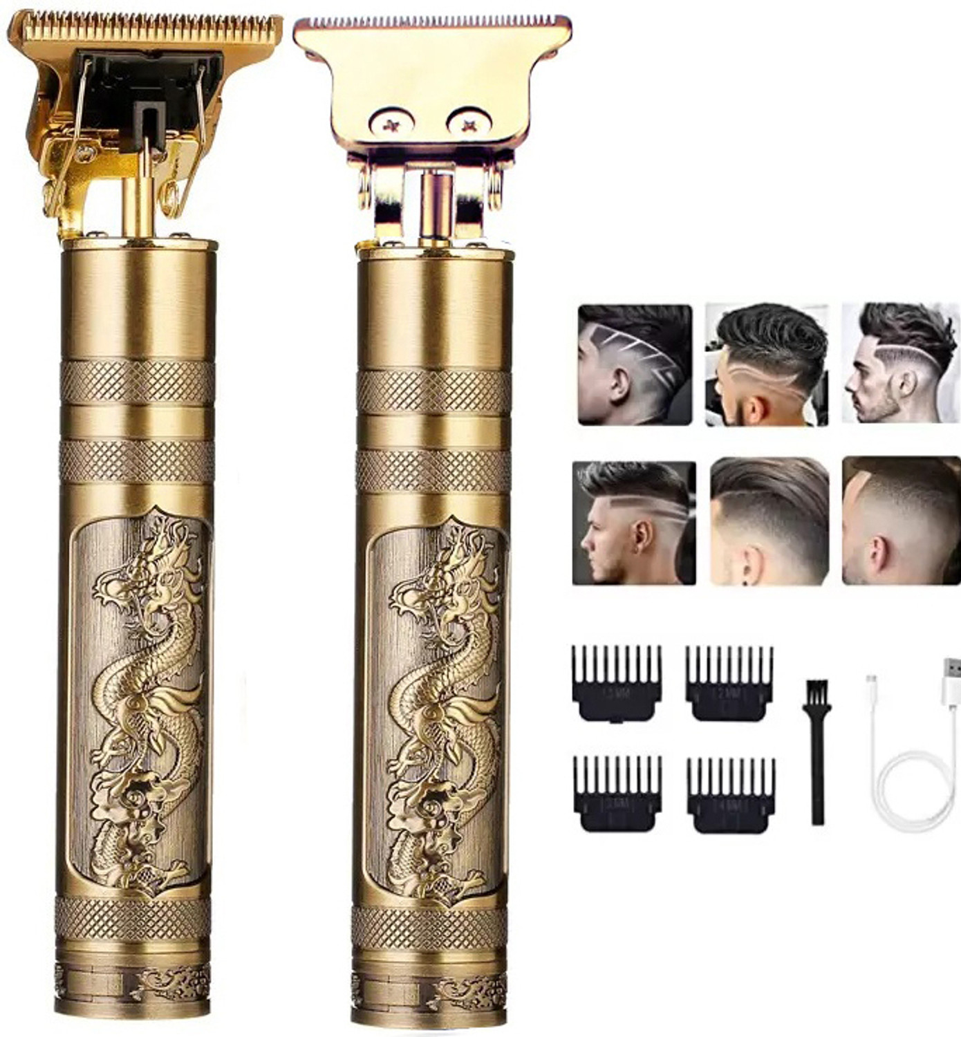 Image of GETTRADE T9 Vintage USB Rechargeable Cordless Electric Beard Trimmer Hair Clippers G37 Trimmer 60 min Runtime 4 Length Settings (Gold)