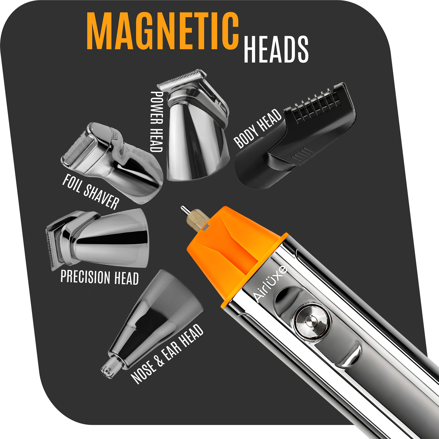 Image of AIRLUXE GroomMaster 12 in 1 Full Body Trimmer Set For Men Magnetic Heads Fast Charging Fully Waterproof Grooming Kit 90 min Runtime 3 Length Settings