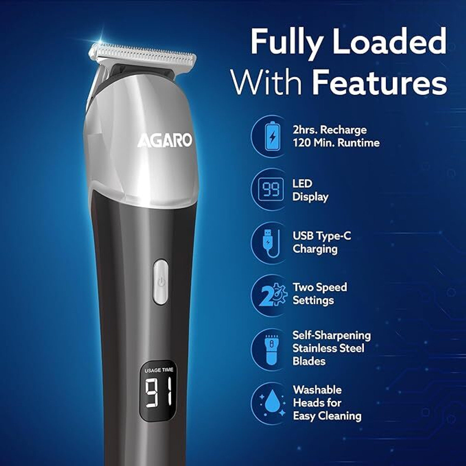 Image of AGARO Royal Beard Trimmer for Men, Cordless, Metal Body, 120 Min, Fast Charge Trimmer 120 min Runtime 4 Length Settings