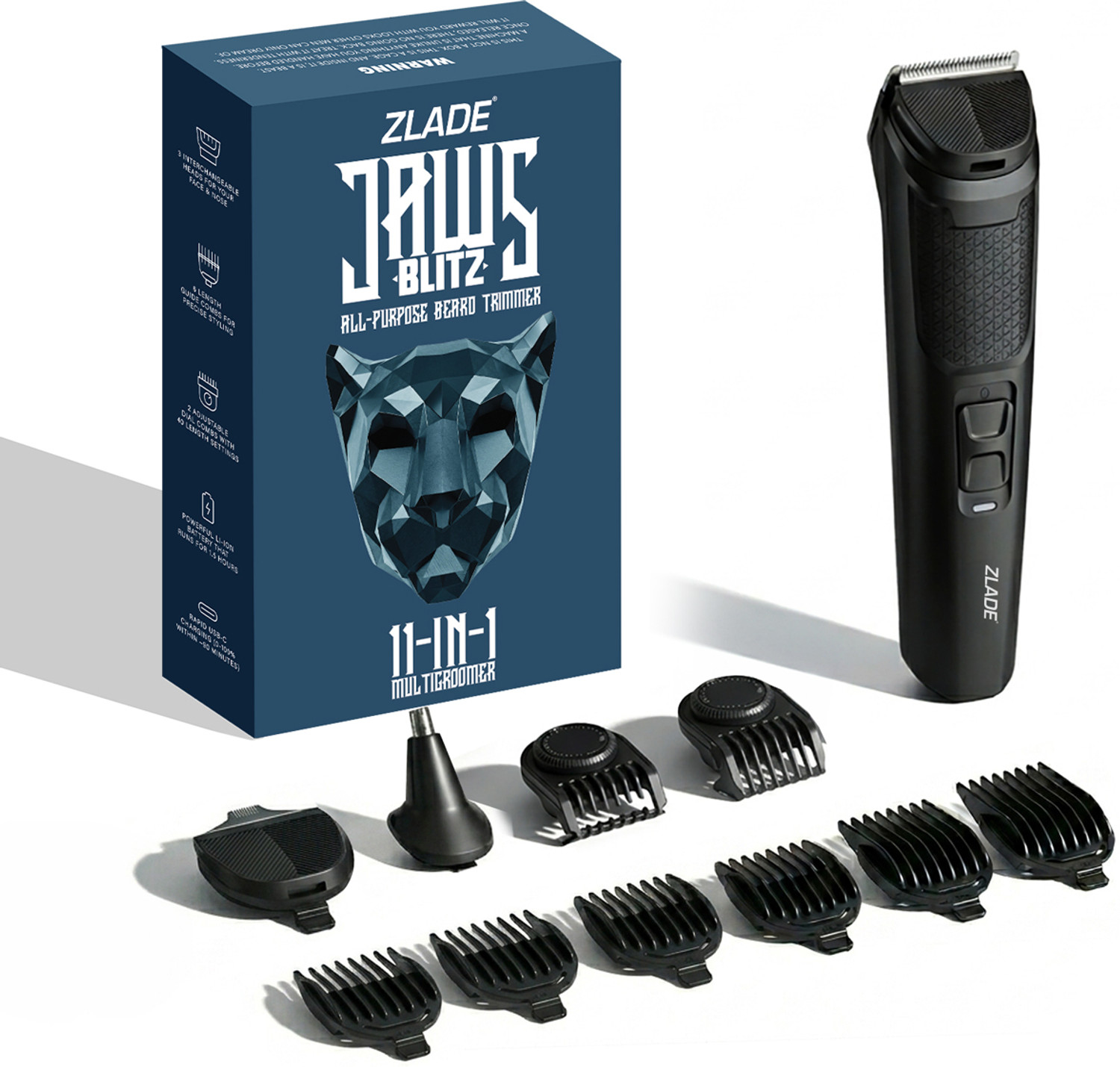 Image of Zlade Jaws Blitz 11 in 1 Beard Trimmer | Beard, Nose & Ear, Body | USB-C Fast Charging Grooming Kit 90 min Runtime 40 Length Settings