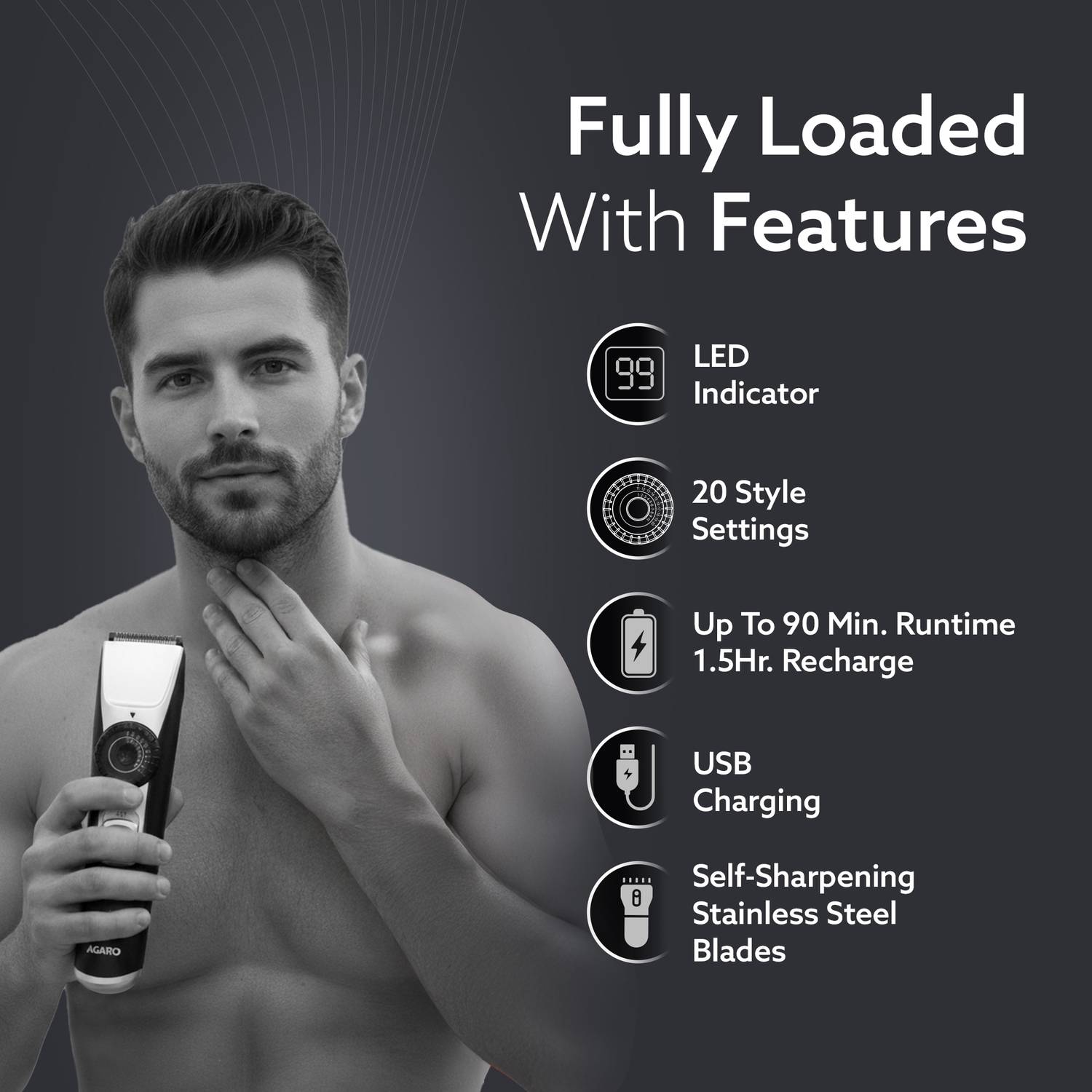 AGARO Beard Trimmer MT1155, 20 Length Settings - Image 2