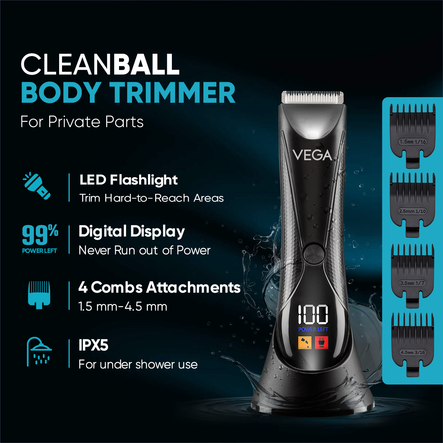 Image of VEGA VHTH-33 IPX5 Waterproof Men Fully Waterproof Trimmer 90 min Runtime 4 Length Settings