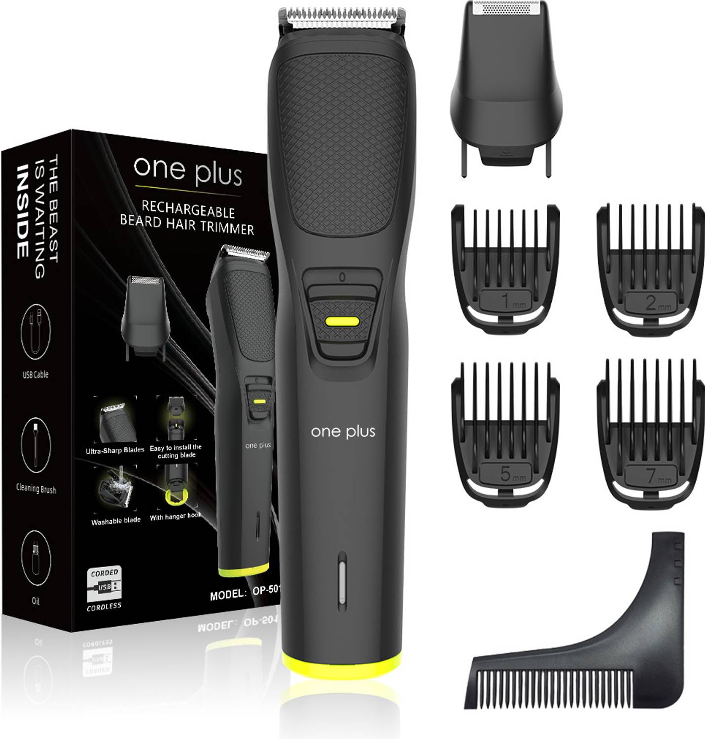 One Plus OP 501 Cordless Professional 7 in 1 Grooming Kit With Hook Hanger Washable Trimmer 120 min  Runtime 12 Length Settings