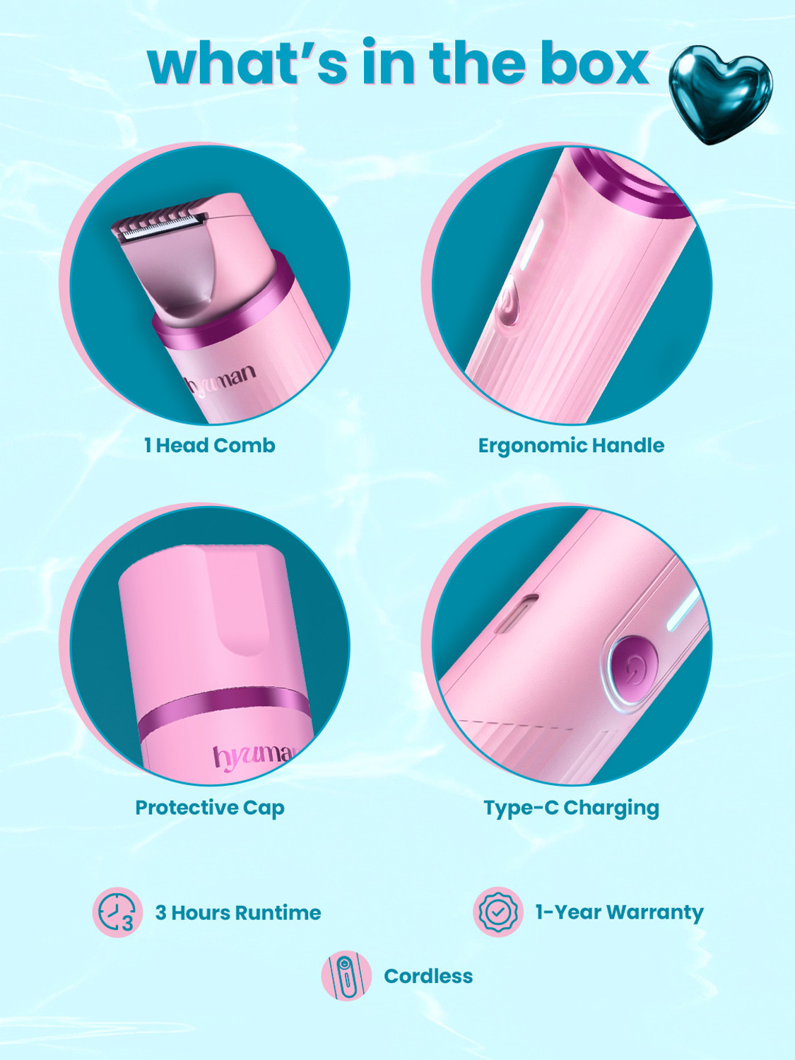 Image of Hyuman TrimIt 2-in-1 Face & Bikini Trimmer for Women Face & Body Hair Remover Trimmer 180 min Runtime 2 Length Settings (Pink)