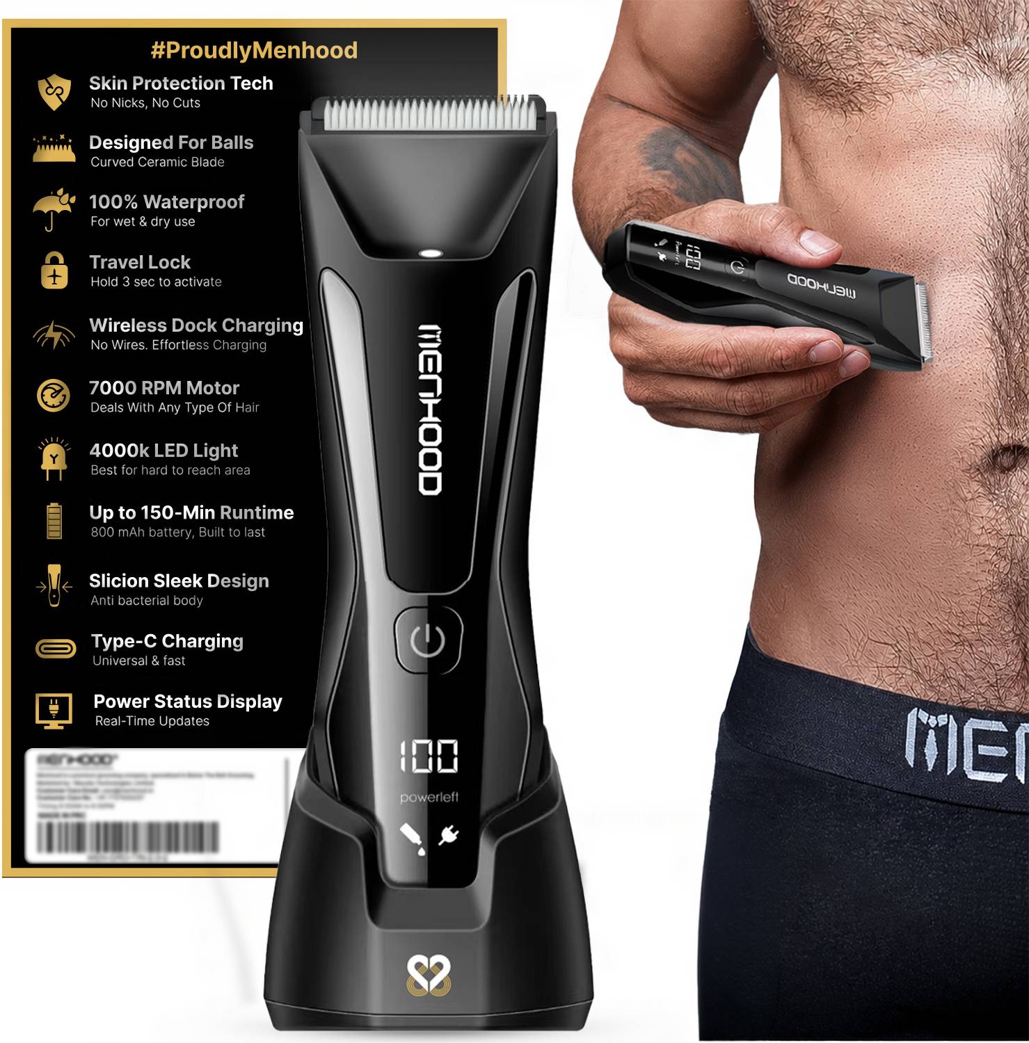 MENHOOD Grooming trimmer 2.0, with soft ceramic blade for body and groin Fully Waterproof Trimmer 150 min Runtime 4 Length Settings