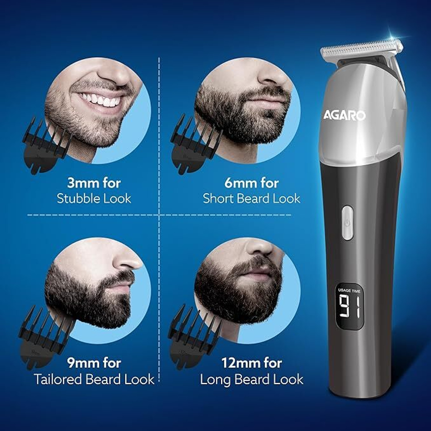 Image of AGARO Royal Beard Trimmer for Men, Cordless, Metal Body, 120 Min, Fast Charge Trimmer 120 min Runtime 4 Length Settings