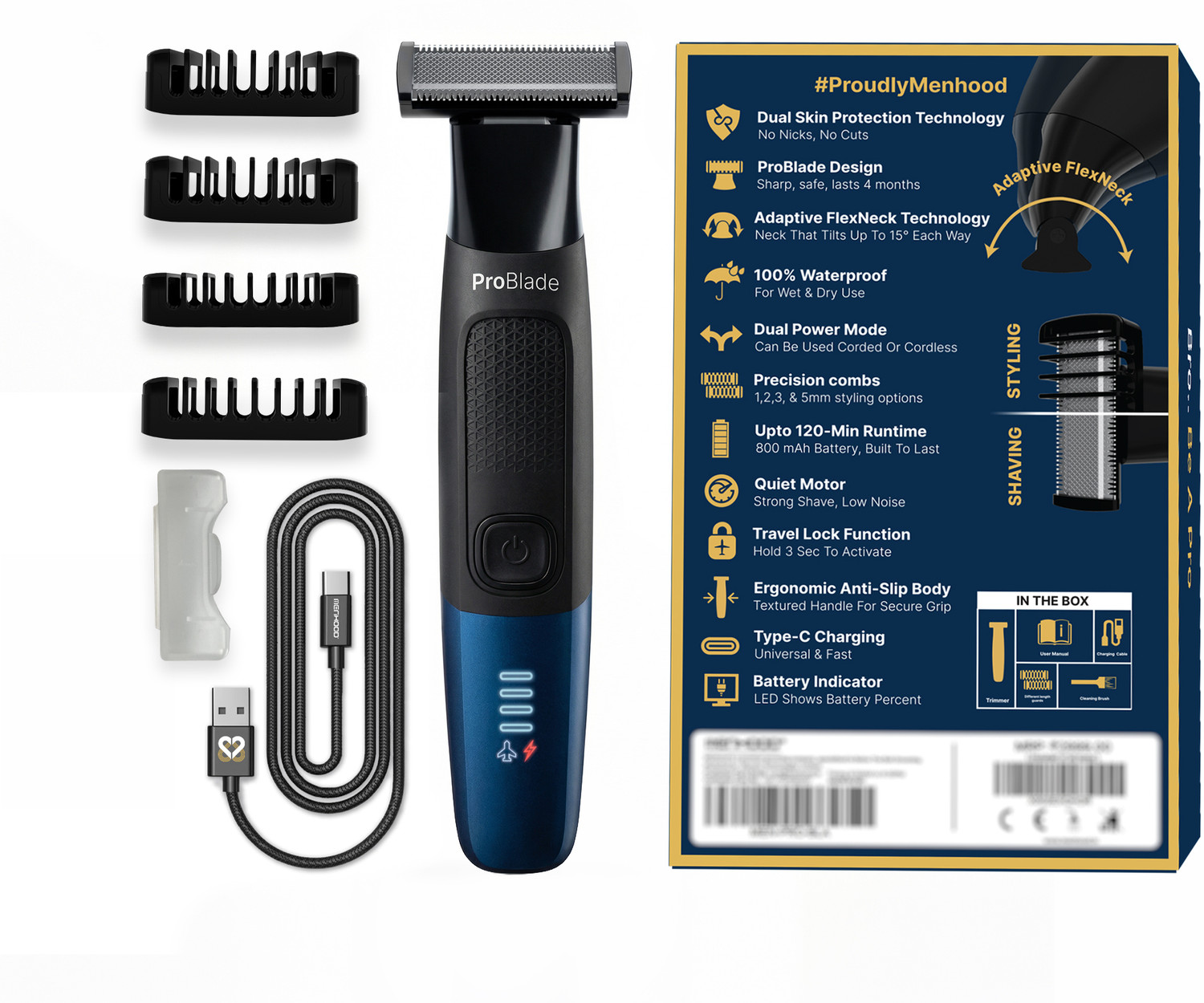 MENHOOD ProBlade 3-in-1 Hybrid Trimmer Shaver USB Type C Electric Shaver For Men Fully Waterproof Trimmer 120 min  Runtime 4 Length Settings