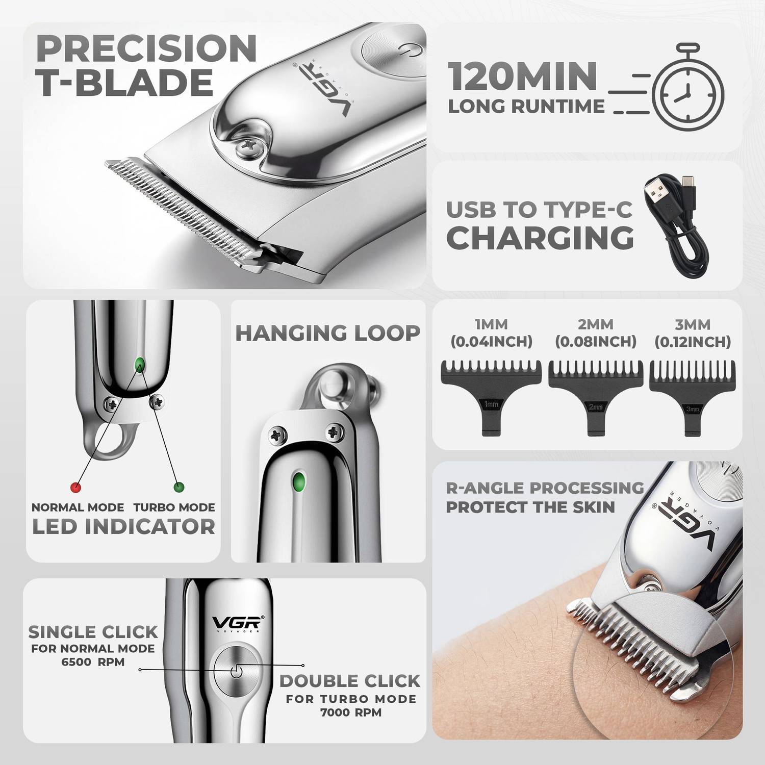 VGR V-071 Cordless Trimmer 120 min, 4 Lengths - Image 2