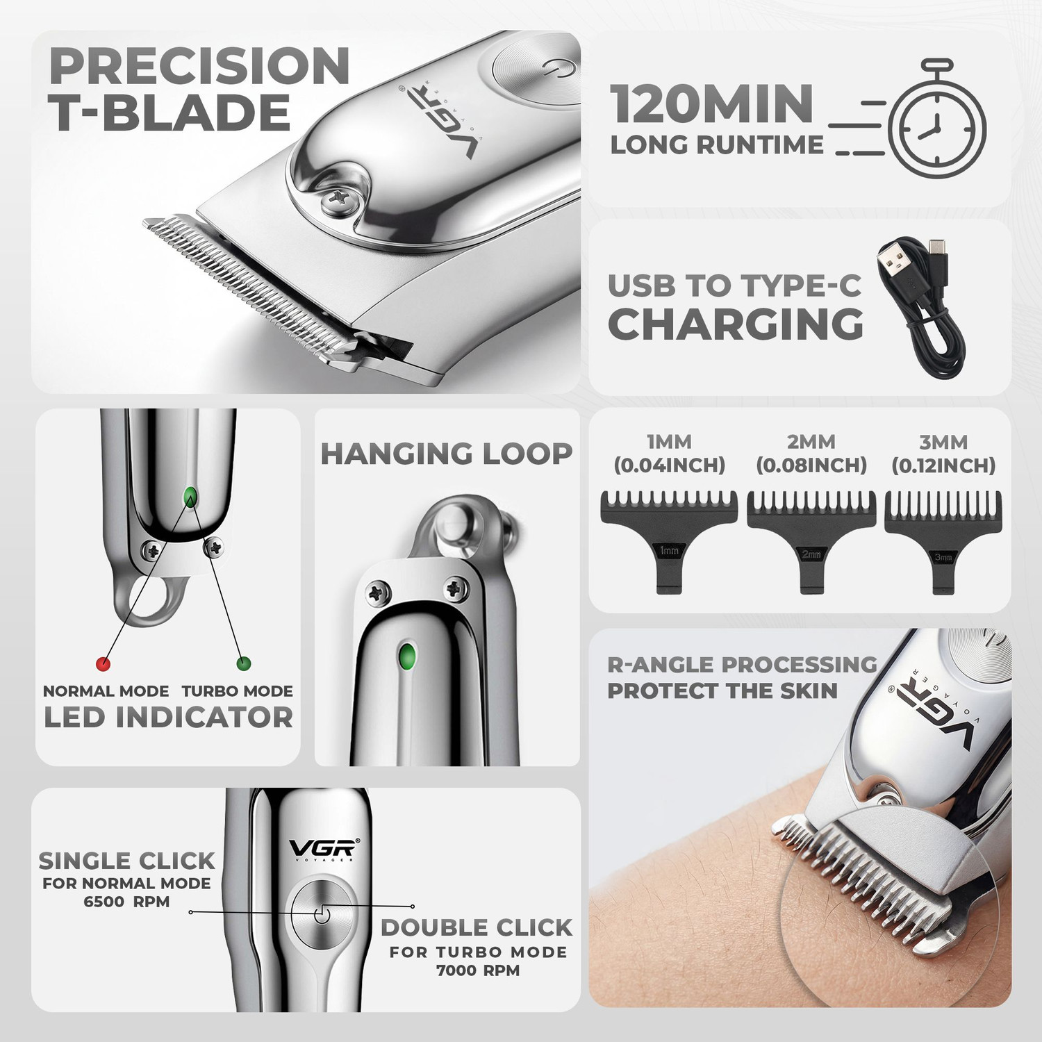 Image of VGR V-071 Cordless Professional Hair Clipper with USB Type-C charging Trimmer 120 min Runtime 4 Length Settings