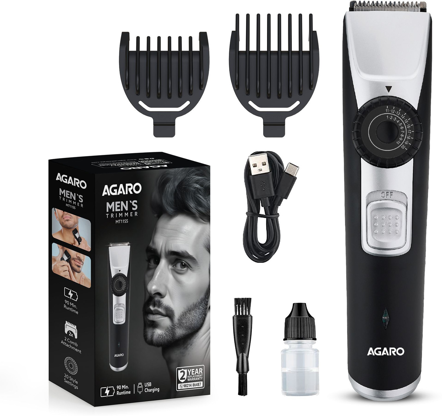 Image of AGARO Beard Trimmer MT1155, 20 Length Settings, USB Rechargeable, Precision Dial Trimmer 90 min Runtime 20 Length Settings