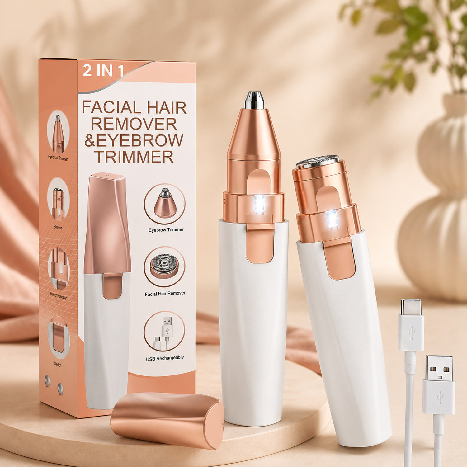 Image of Yiveko Facial Hair Removal Machine | Eyebrow Trimmer | 1 Year Warranty | 2 In 1 Trimmer 60 min Runtime 2 Length Settings (Rose Gold)