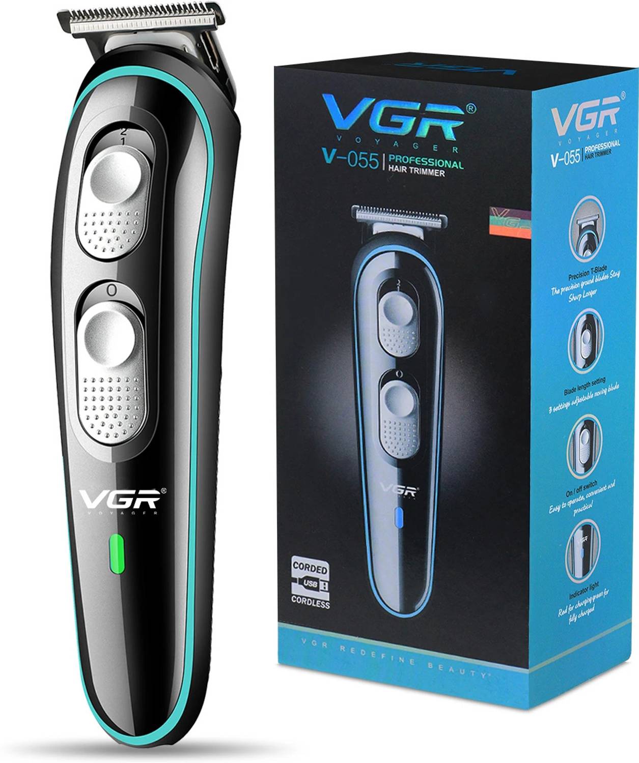 VGR V-055 Professional Corded & Cordless Trimmer 120 min  Runtime 3 Length Settings(Black, Green)