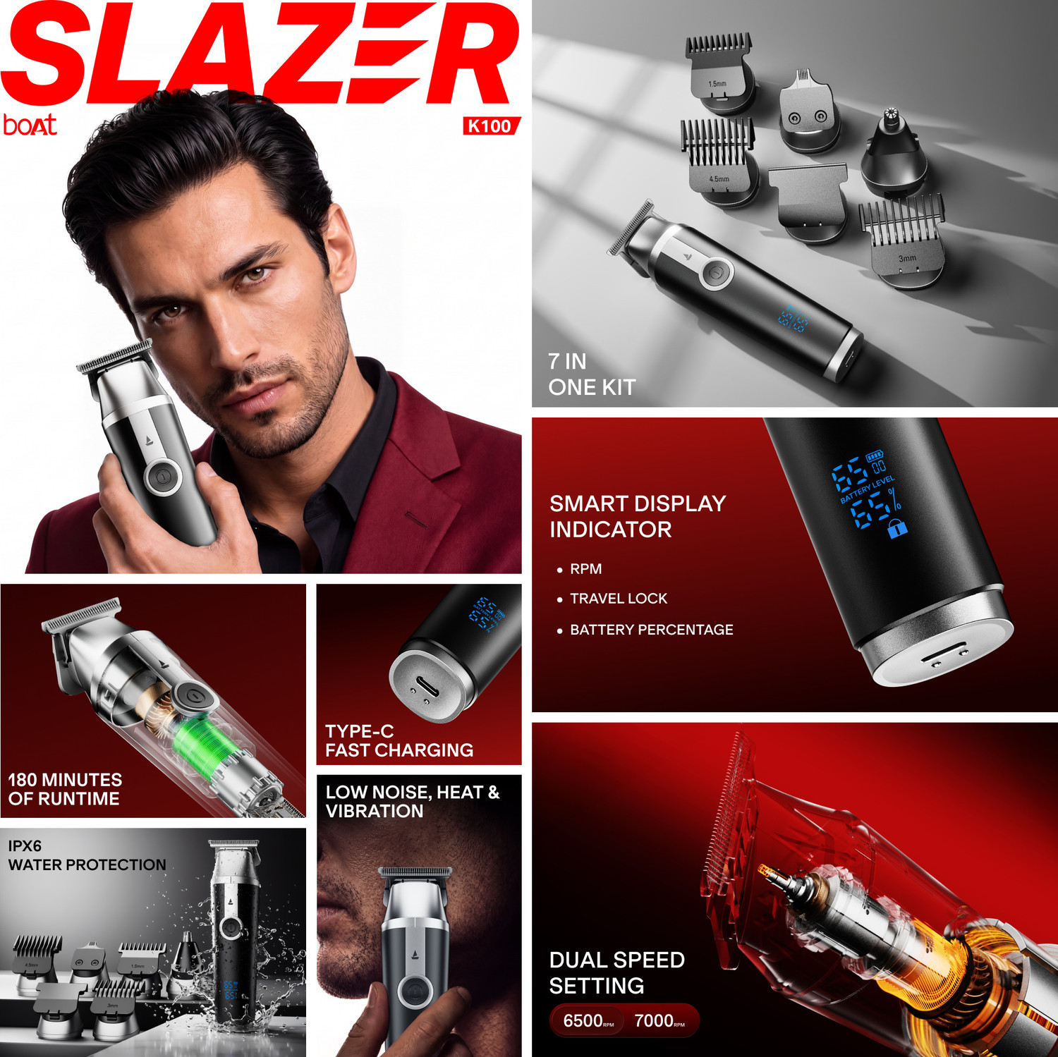 Image of boAt Slazer K100 Fully Waterproof Grooming Kit 180 min Runtime 4 Length Settings
