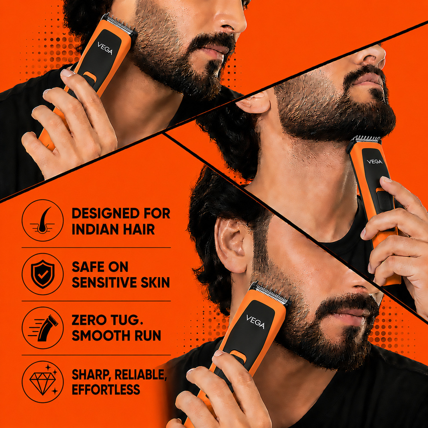 Image of VEGA Alpha Edge Beard Groomer for Men with 4 Comb, USB C-Type Charger (VHTH-45) Trimmer 90 min Runtime 4 Length Settings