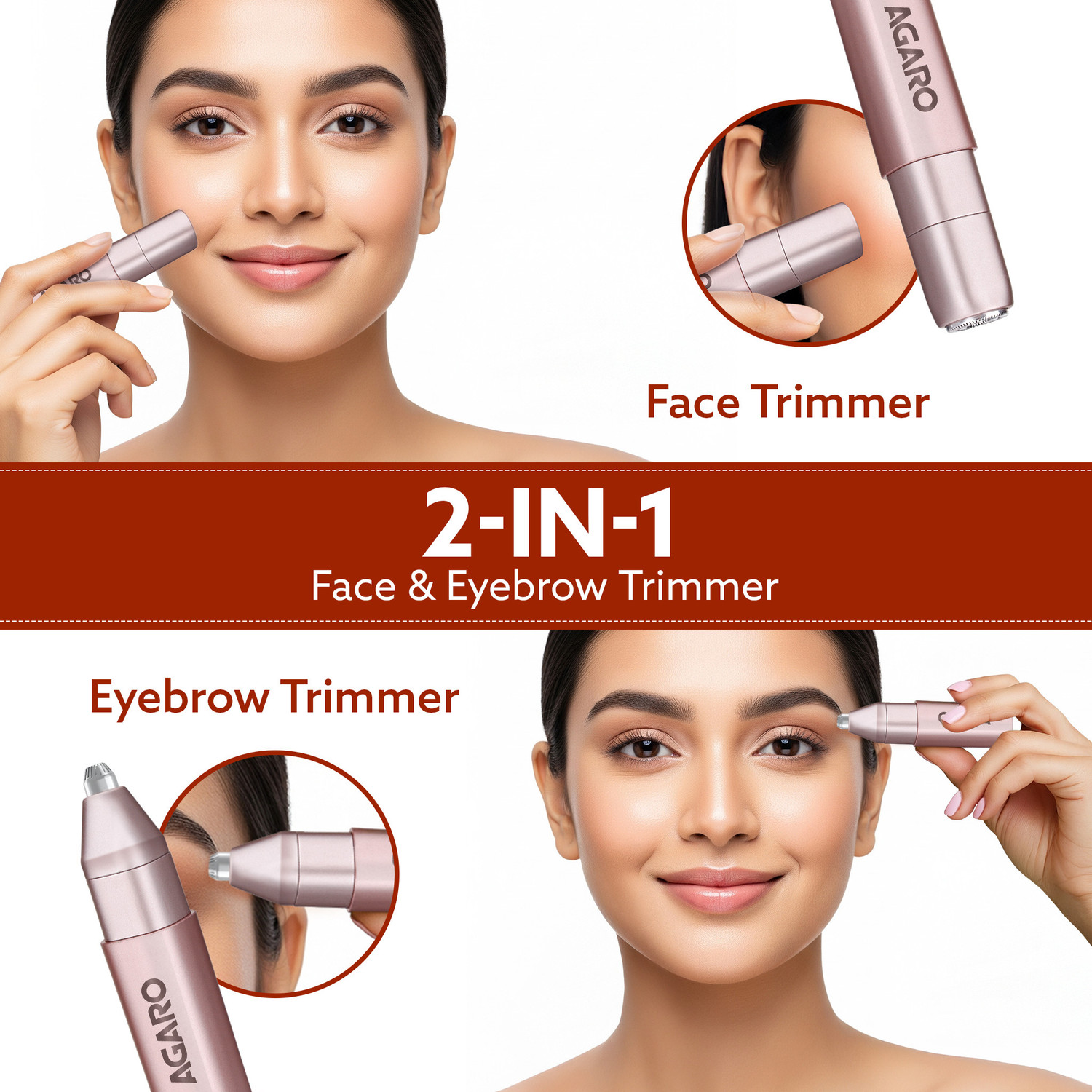 Image of AGARO Facial Hair Remover & Eyebrow Trimmer FHR190, Rose Gold, Rechargeable, Safe Trimmer 90 min Runtime 0 Length Settings