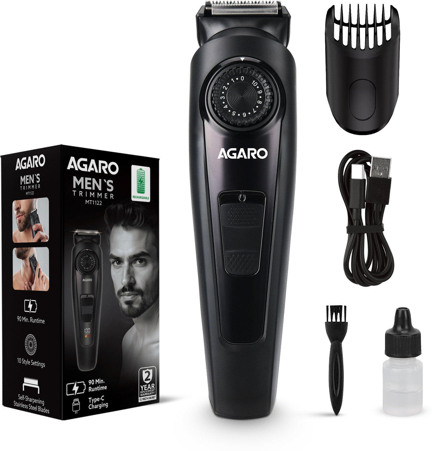 Image of AGARO Beard Trimmer MT1122, 10 Length Settings, Digital Display, USB Rechargeable Trimmer 90 min Runtime 10 Length Settings