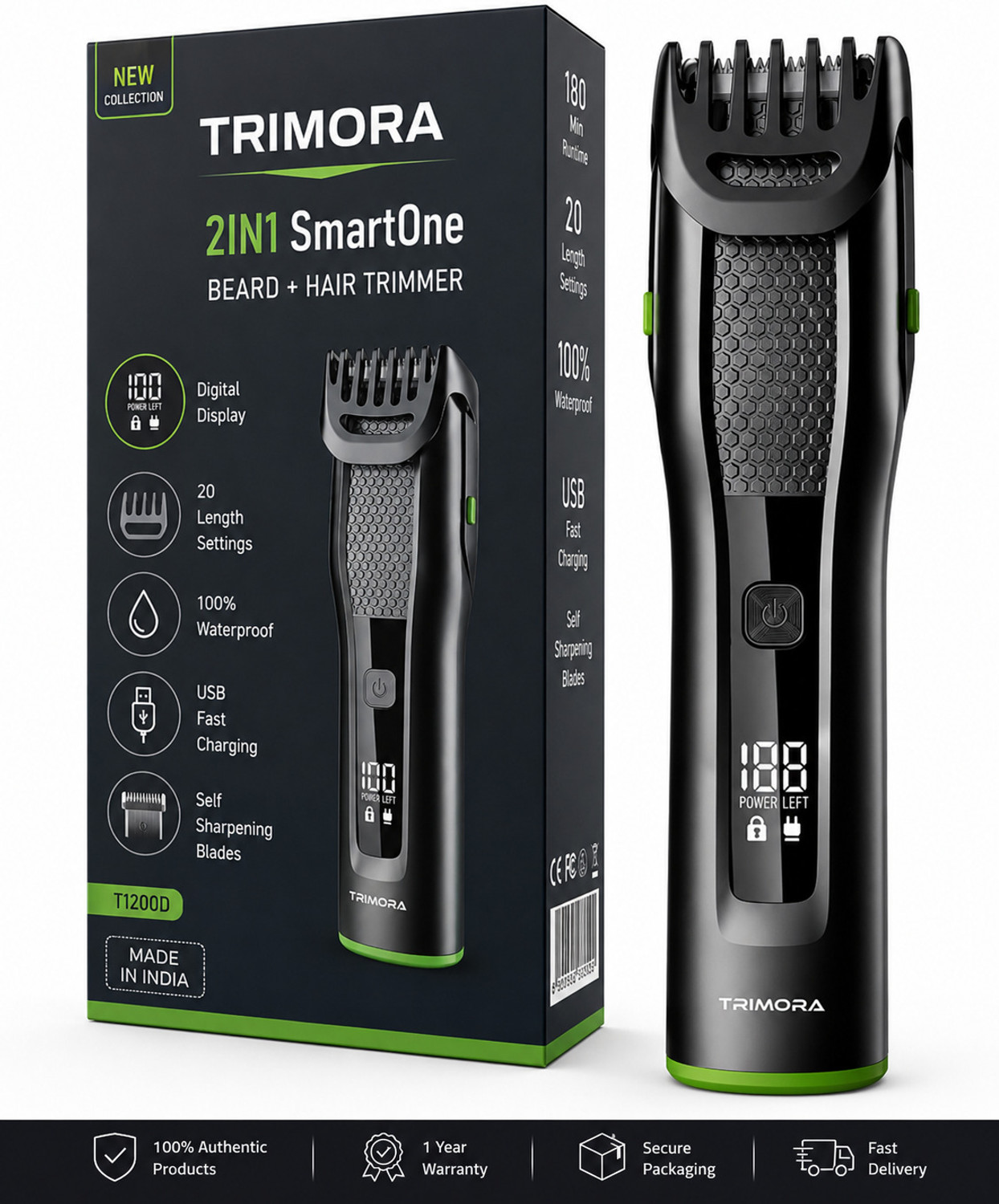 Image of TRIMORA 2IN1 SmartOne T1200D Fully Waterproof Trimmer 180 min Runtime 22 Length Settings